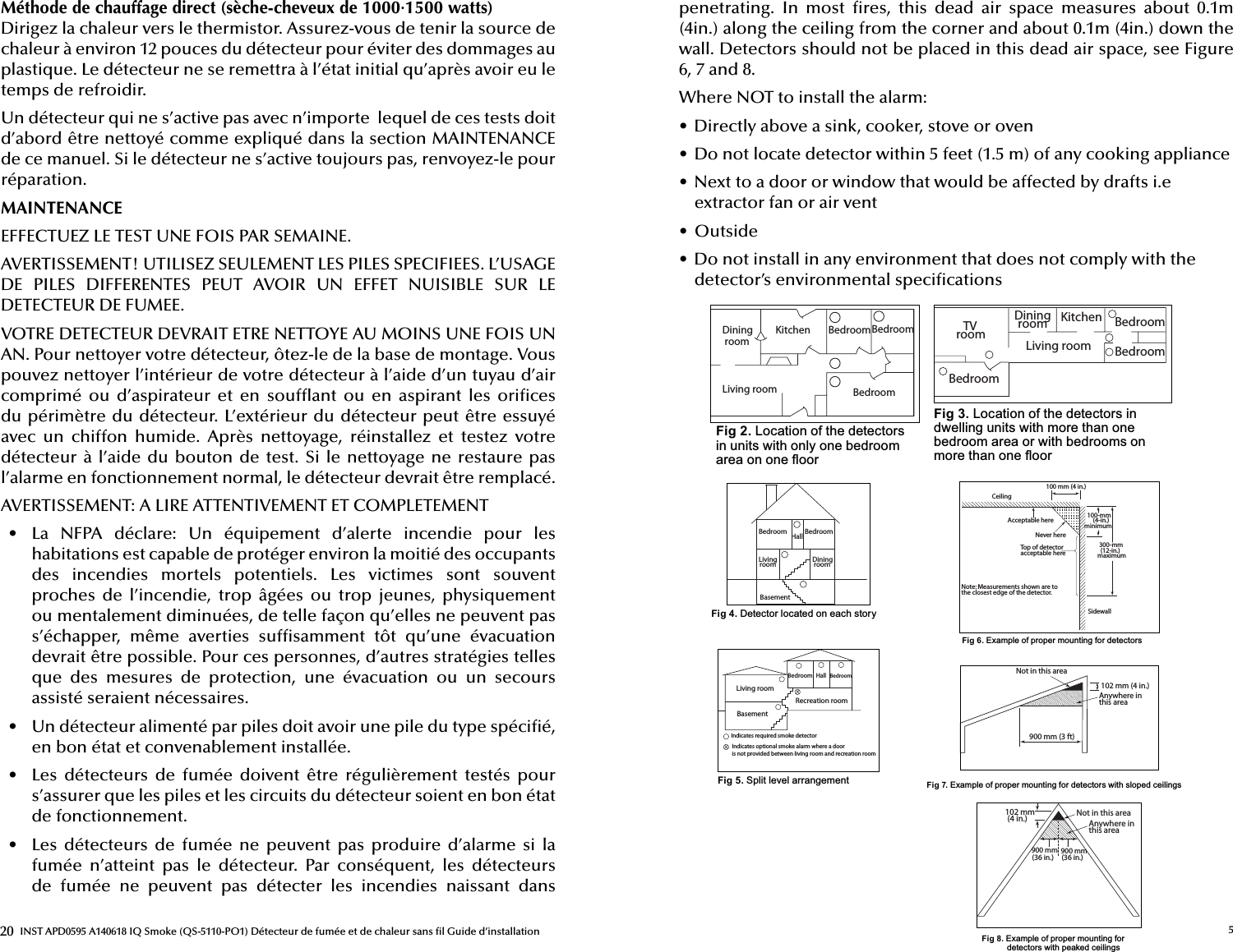 20 INST APD0595 A140618 IQ Smoke (QS-5110-PO1) Détecteur de fumée et de chaleur sans  l Guide d’installationMéthode de chauffage direct (sèche-cheveux de 1000·1500 watts) Dirigez la chaleur vers le thermistor. Assurez-vous de tenir la source de chaleur à environ 12 pouces du détecteur pour éviter des dommages au plastique. Le détecteur ne se remettra à l’état initial qu’après avoir eu le temps de refroidir.Un détecteur qui ne s’active pas avec n’importe  lequel de ces tests doit d’abord être nettoyé comme expliqué dans la section MAINTENANCE de ce manuel. Si le détecteur ne s’active toujours pas, renvoyez-le pour réparation.MAINTENANCEEFFECTUEZ LE TEST UNE FOIS PAR SEMAINE.AVERTISSEMENT! UTILISEZ SEULEMENT LES PILES SPECIFIEES. L’USAGE DE  PILES  DIFFERENTES  PEUT  AVOIR  UN  EFFET  NUISIBLE  SUR  LE DETECTEUR DE FUMEE.VOTRE DETECTEUR DEVRAIT ETRE NETTOYE AU MOINS UNE FOIS UN AN. Pour nettoyer votre détecteur, ôtez-le de la base de montage. Vous pouvez nettoyer l’intérieur de votre détecteur à l’aide d’un tuyau d’air comprimé  ou  d’aspirateur  et  en  souf ant  ou  en  aspirant  les  ori ces du périmètre du détecteur. L’extérieur du détecteur peut être essuyé avec  un  chiffon  humide.  Après  nettoyage,  réinstallez  et  testez  votre détecteur à  l’aide du  bouton de  test. Si  le nettoyage ne restaure pas l’alarme en fonctionnement normal, le détecteur devrait être remplacé.AVERTISSEMENT: A LIRE ATTENTIVEMENT ET COMPLETEMENT•  La  NFPA  déclare:  Un  équipement  d’alerte  incendie  pour  les habitations est capable de protéger environ la moitié des occupants des  incendies  mortels  potentiels.  Les  victimes  sont  souvent proches  de  l’incendie,  trop  âgées  ou  trop  jeunes,  physiquement ou mentalement diminuées, de telle façon qu’elles ne peuvent pas s’échapper,  même  averties  suf samment  tôt  qu’une  évacuation devrait être possible. Pour ces personnes, d’autres stra tégies telles que  des  mesures  de  protection,  une  évacuation  ou  un  secours assisté seraient nécessaires.•  Un détecteur alimenté par piles doit avoir une pile du type spéci é, en bon état et convenablement installée.•  Les  détecteurs  de  fumée  doivent  être  régulièrement  testés  pour s’assurer que les piles et les circuits du détecteur soient en bon état de fonctionnement.•  Les  détecteurs  de  fumée  ne  peuvent  pas  produire  d’alarme  si  la fumée  n’atteint  pas  le  détecteur.  Par  conséquent,  les  détecteurs de  fumée  ne  peuvent  pas  détecter  les  incendies  naissant  dans 5penetrating.  In  most   res,  this  dead  air  space  measures  about  0.1m (4in.) along the ceiling from the corner and about 0.1m (4in.) down the wall. Detectors should not be placed in this dead air space, see Figure 6, 7 and 8.Where NOT to install the alarm:•  Directly above a sink, cooker, stove or oven•  Do not locate detector within 5 feet (1.5 m) of any cooking appliance•  Next to a door or window that would be affected by drafts i.e extractor fan or air vent•  Outside•  Do not install in any environment that does not comply with the detector’s environmental speci cationsDining roomKitchen BedroomBedroomBedroomLiving roomTV roomDining room KitchenLiving roomBedroomBedroomBedroomFig 2./RFDWLRQRIWKHGHWHFWRUVLQXQLWVZLWKRQO\RQHEHGURRPDUHDRQRQHÀRRUFig 3./RFDWLRQRIWKHGHWHFWRUVLQGZHOOLQJXQLWVZLWKPRUHWKDQRQHEHGURRPDUHDRUZLWKEHGURRPVRQPRUHWKDQRQHÀRRUQomomCeilingAcceptable hereNever hereTop of detectoracceptable hereSidewall100 mm (4 in.)100-mm(4-in.) minimum300-mm(12-in.)maximumNote: Measurements shown are to the closest edge of the detector.Anywhere inthis areaNot in this area 900 mm(36 in.)  900 mm(36 in.) 102 mm (4 in.)900 mm (3 ft)102 mm (4 in.)Not in this areaAnywhere inthis areaFig 6.([DPSOHRISURSHUPRXQWLQJIRUGHWHFWRUVFig 8.([DPSOHRISURSHUPRXQWLQJIRUGHWHFWRUVZLWKSHDNHGFHLOLQJVFig 7.([DPSOHRISURSHUPRXQWLQJIRUGHWHFWRUVZLWKVORSHGFHLOLQJVBedroomLiving roomRecreation roomBedroomBasementIndicates optional smoke alarm where a dooris not provided between living room and recreation roomIndicates required smoke detectorHallBedroomLiving room Dining roomBasementHall BedroomFig 5.6SOLWOHYHODUUDQJHPHQWFig 4.&apos;HWHFWRUORFDWHGRQHDFKVWRU\