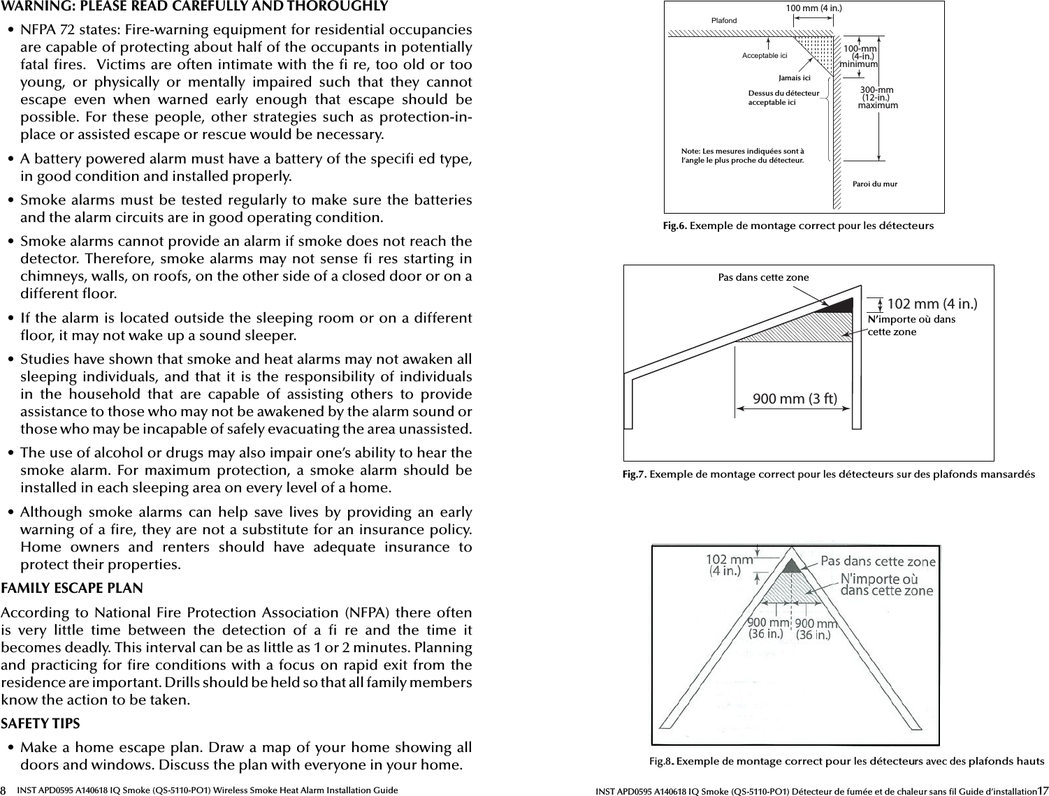 8INST APD0595 A140618 IQ Smoke (QS-5110-PO1) Wireless Smoke Heat Alarm Installation GuideWARNING: PLEASE READ CAREFULLY AND THOROUGHLY•  NFPA 72 states: Fire-warning equipment for residential occupancies are capable of protecting about half of the occupants in potentially fatal  res.  Victims are often intimate with the   re, too old or too young,  or  physically  or  mentally  impaired  such  that  they  cannot escape  even  when  warned  early  enough  that  escape  should  be possible. For  these people, other  strategies  such as protection-in-place or assisted escape or rescue would be necessary.•  A battery powered alarm must have a battery of the speci  ed type, in good condition and installed properly. •  Smoke alarms must be tested regularly to make sure the batteries and the alarm circuits are in good operating condition.•  Smoke alarms cannot provide an alarm if smoke does not reach the detector. Therefore, smoke alarms may not sense    res starting in chimneys, walls, on roofs, on the other side of a closed door or on a different  oor.•  If the alarm is located outside the sleeping room or on a different  oor, it may not wake up a sound sleeper.•  Studies have shown that smoke and heat alarms may not awaken all sleeping individuals,  and that it is the responsibility of  individuals in  the  household  that  are  capable  of  assisting  others  to  provide assistance to those who may not be awakened by the alarm sound or those who may be incapable of safely evacuating the area unassisted.•  The use of alcohol or drugs may also impair one’s ability to hear the smoke alarm. For  maximum  protection,  a  smoke alarm  should  be installed in each sleeping area on every level of a home.•  Although  smoke  alarms  can  help  save  lives  by  providing  an  early warning of a  re, they are not a substitute for an insurance policy. Home  owners  and  renters  should  have  adequate  insurance  to protect their properties.FAMILY ESCAPE PLANAccording to  National Fire  Protection Association (NFPA)  there often is  very  little  time  between  the  detection  of  a     re  and  the  time  it becomes deadly. This interval can be as little as 1 or 2 minutes. Planning and practicing for  re conditions with a focus on rapid exit from the residence are important. Drills should be held so that all family members know the action to be taken.SAFETY TIPS•  Make a home escape plan. Draw a map of your home showing all doors and windows. Discuss the plan with everyone in your home.17INST APD0595 A140618 IQ Smoke (QS-5110-PO1) Détecteur de fumée et de chaleur sans  l Guide d’installationCeilingAcceptable hereNever hereTop of detectoracceptable hereSidewall100 mm (4 in.)100-mm(4-in.) minimum300-mm(12-in.)maximumNote: Measurements shown are to the closest edge of the detector.Fig 6.([DPSOHRISURSHUPRXQWLQJIRUGHWHFWRUVFig.6. Exemple de montage correct pour les détecteursPlafondAcceptable iciJamais iciParoi du murNote: Les mesures indiquées sont à l’angle le plus proche du détecteur.Dessus du détecteur acceptable iciFig.8.Exemple de montage correct pour les détecteurs avec des plafonds hauts900 mm (3 ft)102 mm (4 in.)Not in this areaAnywhere inthis area7.([DPSOHRISURSHUPRXQWLQJIRUGHWHFWRUVZLWKVORSHGFHLOLQJVPas dans cette zoneN’importe où dans cette zoneFig.7. Exemple de montage correct pour les détecteurs sur des plafonds mansardés