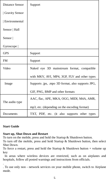 5 Distance Sensor | Gravity Sensor | Environmental Sensor | Hall Sensor | Gyroscope |   Support GPS Support   FM Support Video Naked eye 3D mainstream format, compatible with MKV, AVI, MP4, 3GP, FLV and other types              Image Supports .jps, .mpo 3D format, also supports JPG, GIF, PNG, BMP and other formats The audio type AAC, flac, APE, MKA, OGG, MIDI, M4A, AMR, mp3, etc. (depending on the encoding format) Documents TXT, PDF, etc. (it also supports other types         Start Guide  Start up, Shut Down and Restart To turn on the mobile, press and hold the Startup &amp; Shutdown button. To turn off the mobile, press and hold Startup &amp; Shutdown button, then select Shut Down. To force a restart, press and hold the Startup &amp; Shutdown button + volume up key  In areas where wireless devices are restricted, such as on airplanes and hospitals, follow all posted warnings and instructions from officials. .   . To use only non - network services on your mobile phone, switch to Airplane mode. 