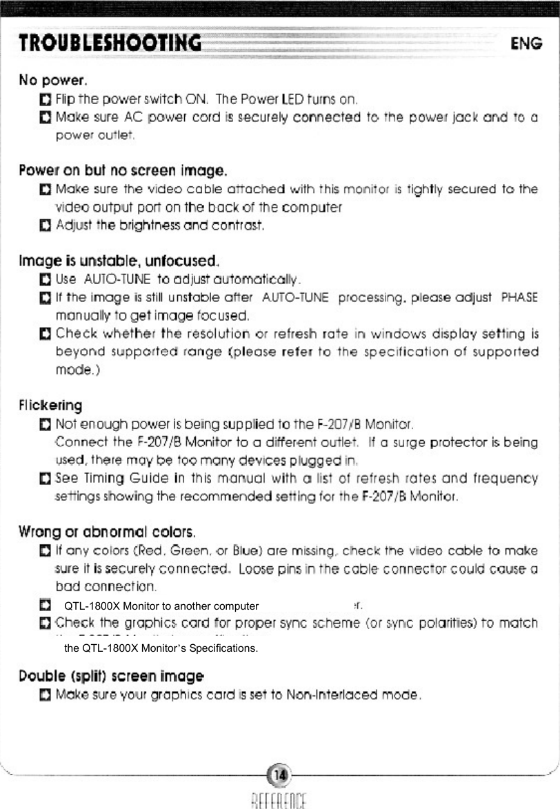    the QTL-1800X Monitor’s Specifications. QTL-1800X Monitor to another computer