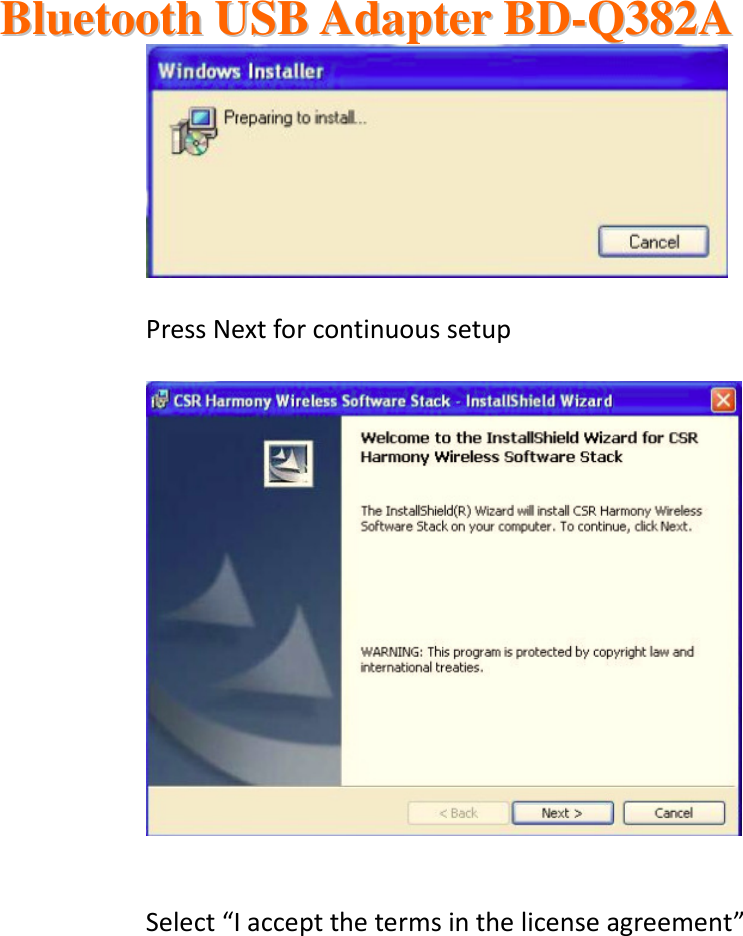  BBlluueettooootthh  UUSSBB  AAddaapptteerr  BBDD--QQ338822AA      Press Next for continuous setup     Select “I accept the terms in the license agreement” 