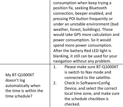 GPS  Data  Recorder                   English ……………………………………………………………………………………………………………………………………………………………………………………….  ………………………………………………………………………………………………………………………………………………………………………………………. www.Qstarz .com                           11 consumption when keep trying a position fix, seeking Bluetooth connection, beeper enabled, and pressing POI button frequently or under an unstable environment (bad weather, forest, buildings). Those would take GPS more calculation and power consumption. So it would spend more power consumption. After the battery Red LED light is blanking, it still can be used for your navigation without any problem. My BT-Q1000XT doesn’t log automatically when the time is within the time schedule? 1. Please make sure BT-Q1000XT is switch to Nav mode and connected to the satellite. 2. Check in Software&gt;Config Device, and select the correct local time zone, and make sure the schedule checkbox is checked. 