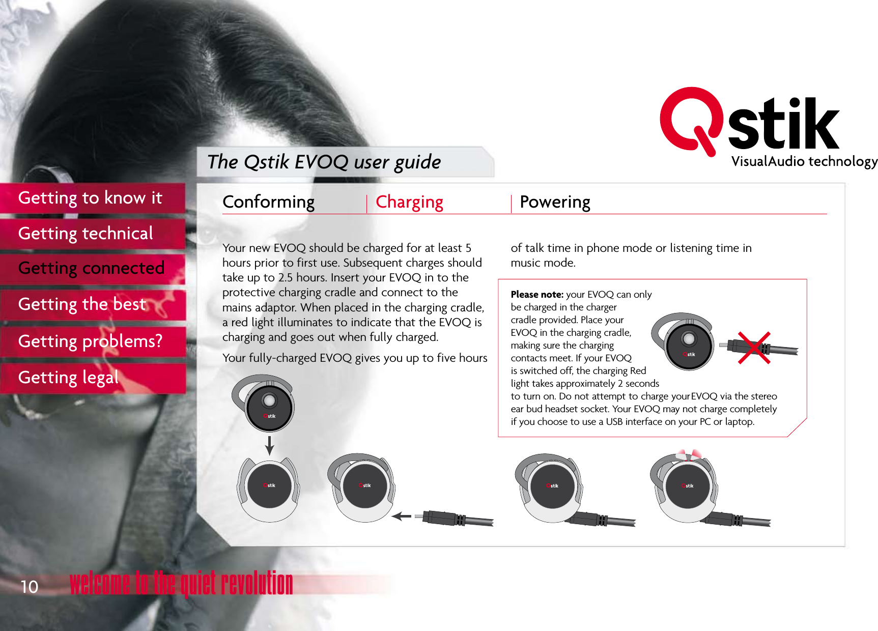 The Qstik EVOQ user guideConforming  Charging  Powering 10Getting to know itGetting technicalGetting connectedGetting the bestGetting problems?Getting legal
