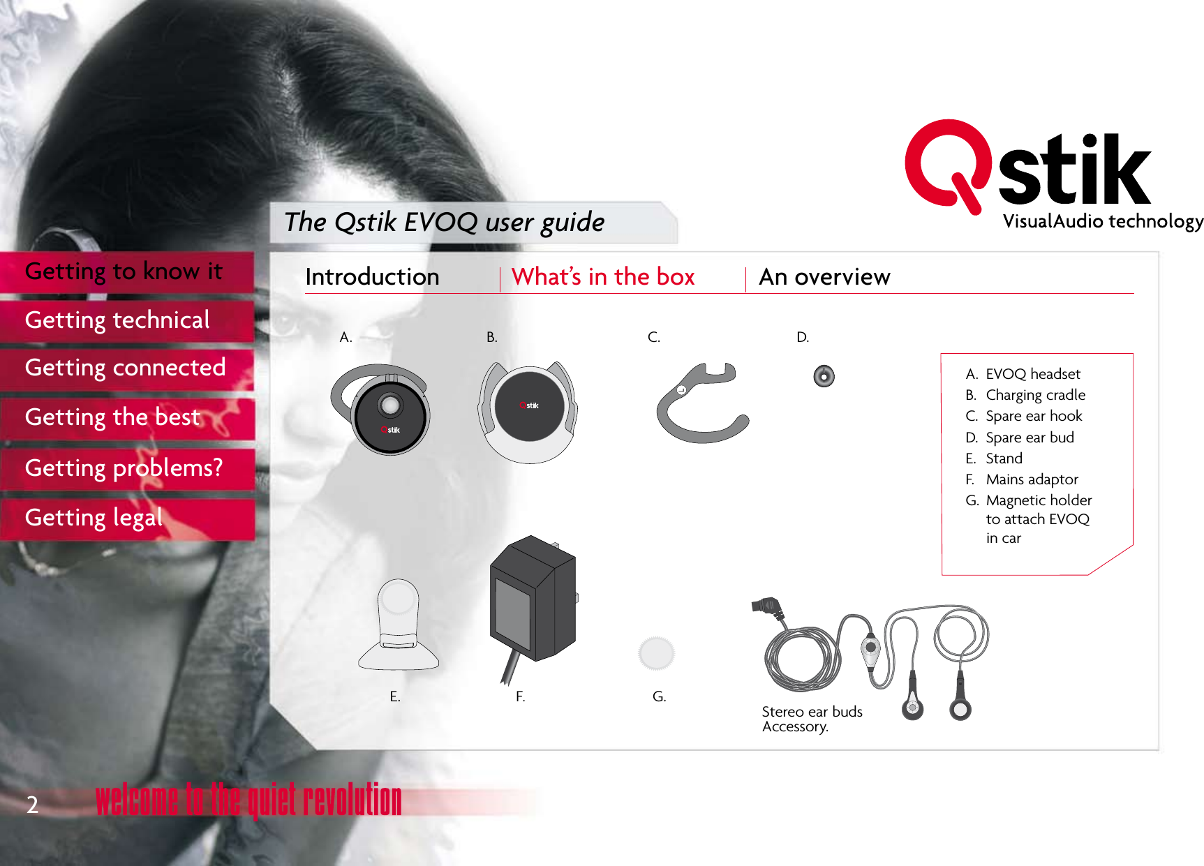 The Qstik EVOQ user guideIntroduction  What’s in the box  An overview              2Getting to know itGetting technicalGetting connectedGetting the bestGetting problems?Getting legal 
