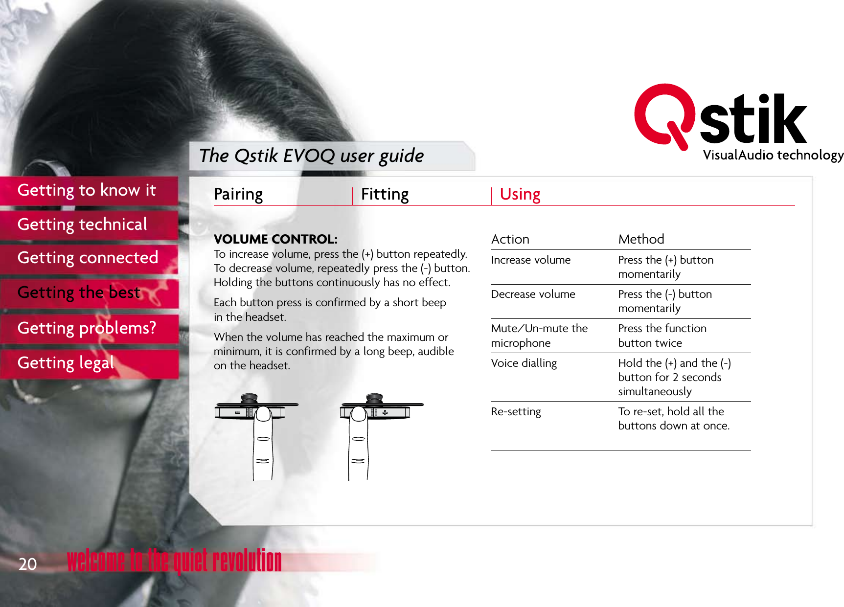 The Qstik EVOQ user guidePairing  Fitting  Using             20Getting to know itGetting technicalGetting connectedGetting the bestGetting problems?Getting legal