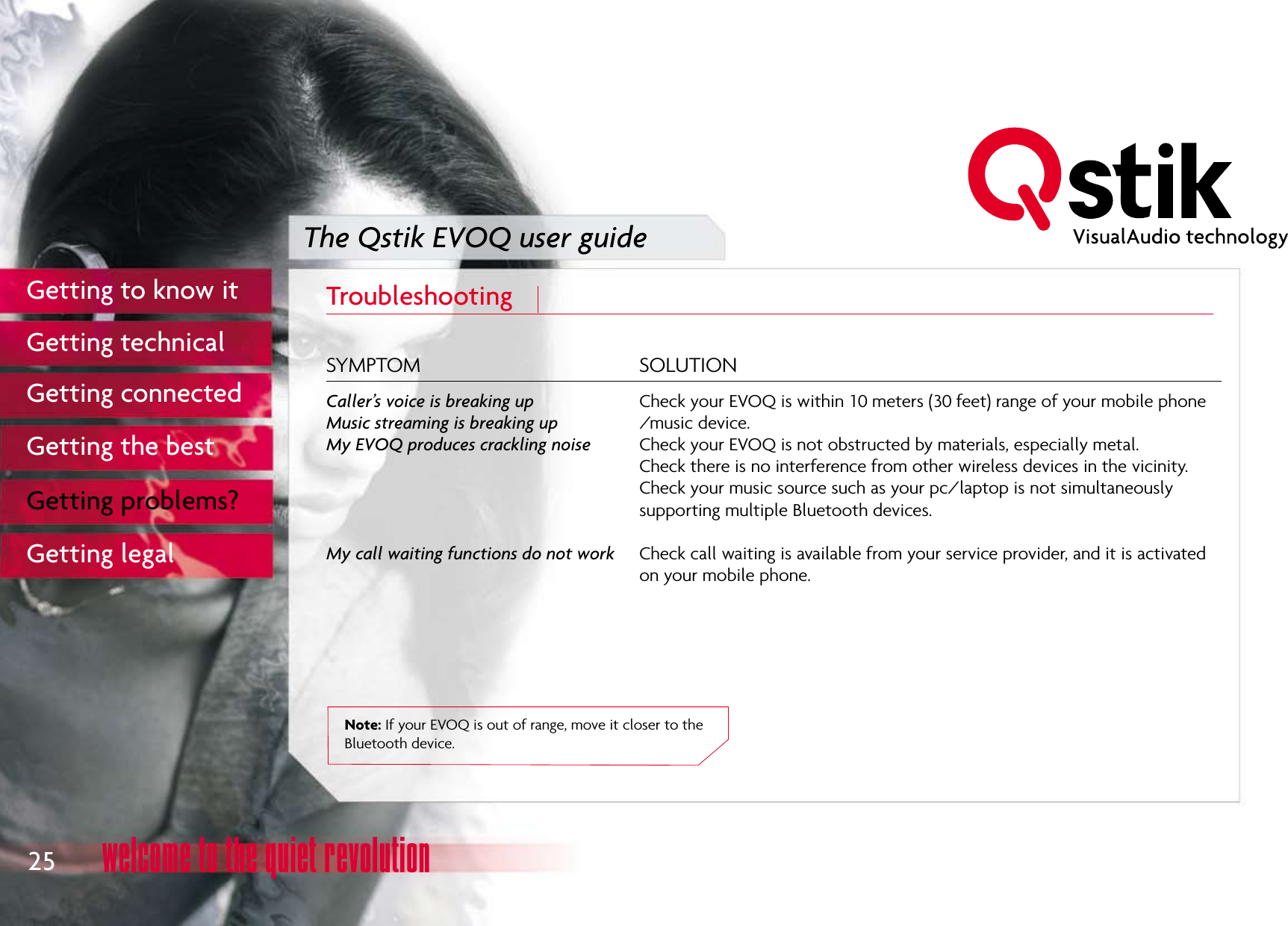 The Qstik EVOQ user guideTroubleshooting 25 Caller’s voice is breaking up Music streaming is breaking up My EVOQ produces crackling noise   My call waiting functions do not work Getting to know itGetting technicalGetting connectedGetting the bestGetting problems?Getting legal