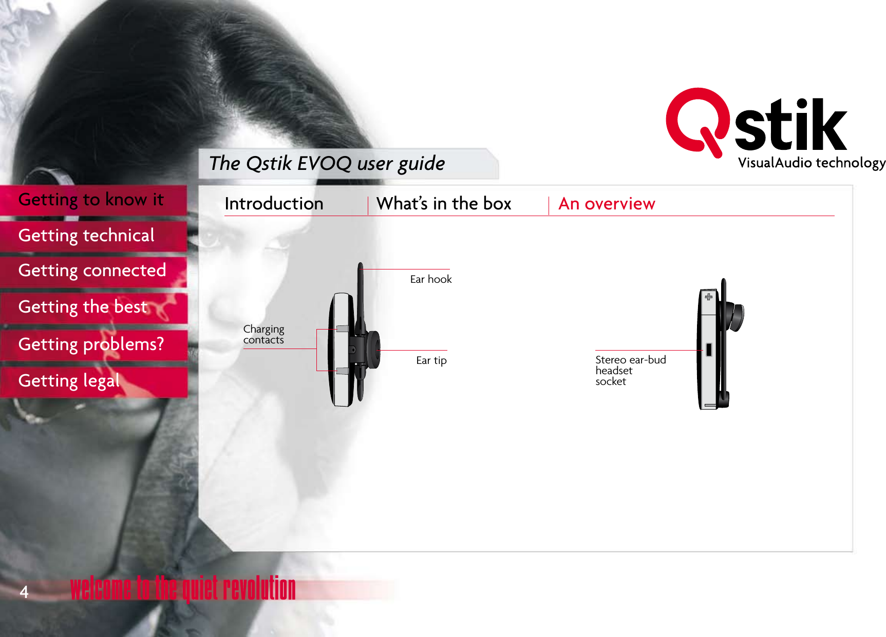 The Qstik EVOQ user guideIntroduction  What’s in the box  An overview   4Getting to know itGetting technicalGetting connectedGetting the bestGetting problems?Getting legal