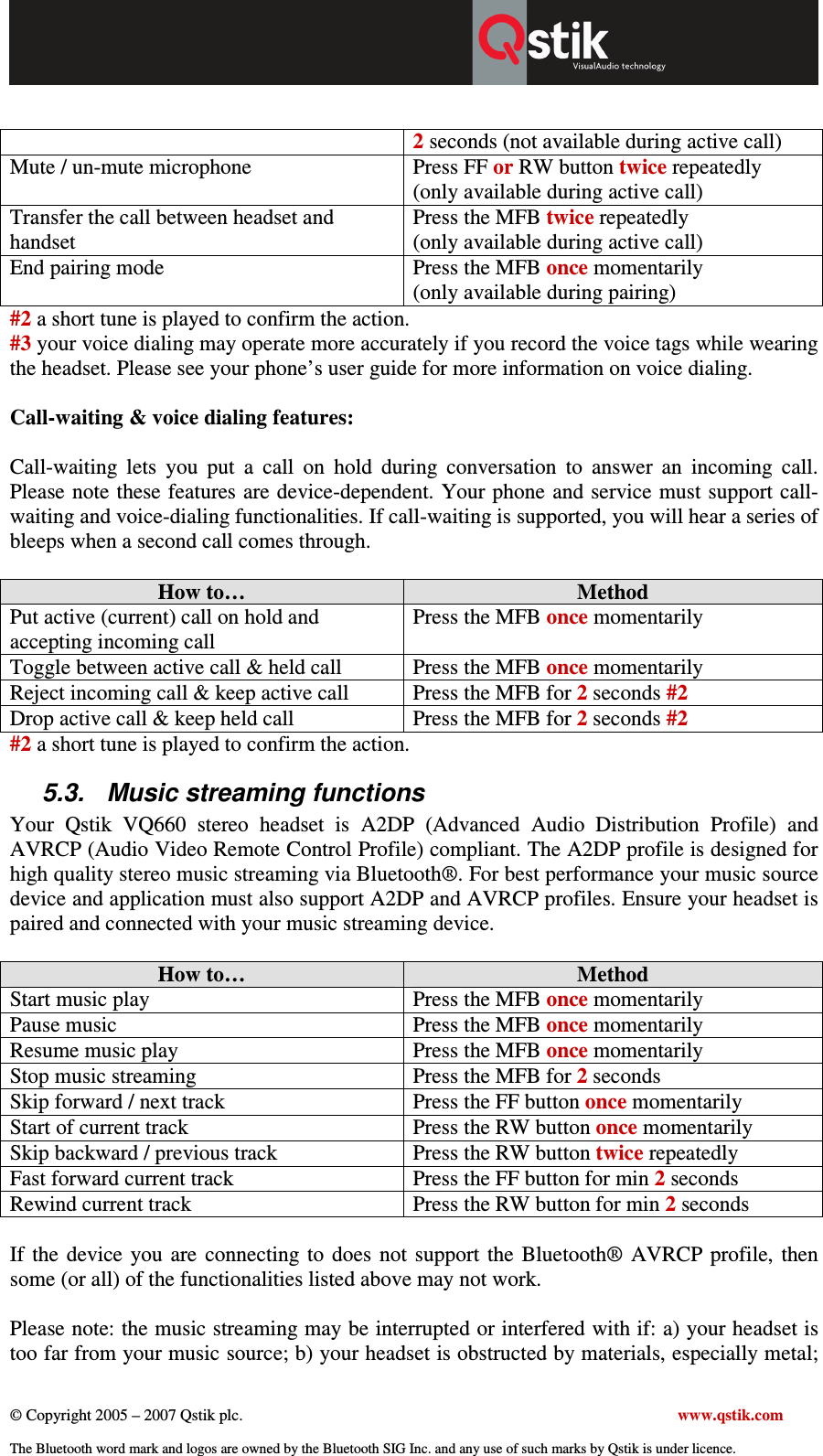  © Copyright 2005 – 2007 Qstik plc.     www.qstik.com  The Bluetooth word mark and logos are owned by the Bluetooth SIG Inc. and any use of such marks by Qstik is under licence.  2 seconds (not available during active call) Mute / un-mute microphone  Press FF or RW button twice repeatedly (only available during active call) Transfer the call between headset and handset Press the MFB twice repeatedly (only available during active call) End pairing mode  Press the MFB once momentarily (only available during pairing) #2 a short tune is played to confirm the action. #3 your voice dialing may operate more accurately if you record the voice tags while wearing the headset. Please see your phone’s user guide for more information on voice dialing.   Call-waiting &amp; voice dialing features:   Call-waiting  lets  you  put  a  call  on  hold  during  conversation  to  answer  an  incoming  call. Please note these features are device-dependent. Your phone and service must support call-waiting and voice-dialing functionalities. If call-waiting is supported, you will hear a series of bleeps when a second call comes through.  How to…  Method Put active (current) call on hold and  accepting incoming call Press the MFB once momentarily Toggle between active call &amp; held call   Press the MFB once momentarily Reject incoming call &amp; keep active call  Press the MFB for 2 seconds #2 Drop active call &amp; keep held call  Press the MFB for 2 seconds #2 #2 a short tune is played to confirm the action. 5.3.  Music streaming functions Your  Qstik  VQ660  stereo  headset  is  A2DP  (Advanced  Audio  Distribution  Profile)  and AVRCP (Audio Video Remote Control Profile) compliant. The A2DP profile is designed for high quality stereo music streaming via Bluetooth®. For best performance your music source device and application must also support A2DP and AVRCP profiles. Ensure your headset is paired and connected with your music streaming device.   How to…  Method Start music play  Press the MFB once momentarily Pause music  Press the MFB once momentarily Resume music play  Press the MFB once momentarily Stop music streaming  Press the MFB for 2 seconds Skip forward / next track  Press the FF button once momentarily Start of current track  Press the RW button once momentarily Skip backward / previous track  Press the RW button twice repeatedly Fast forward current track  Press the FF button for min 2 seconds Rewind current track  Press the RW button for min 2 seconds  If  the  device you  are  connecting to  does  not  support  the  Bluetooth®  AVRCP profile,  then some (or all) of the functionalities listed above may not work.  Please note: the music streaming may be interrupted or interfered with if: a) your headset is too far from your music source; b) your headset is obstructed by materials, especially metal; 