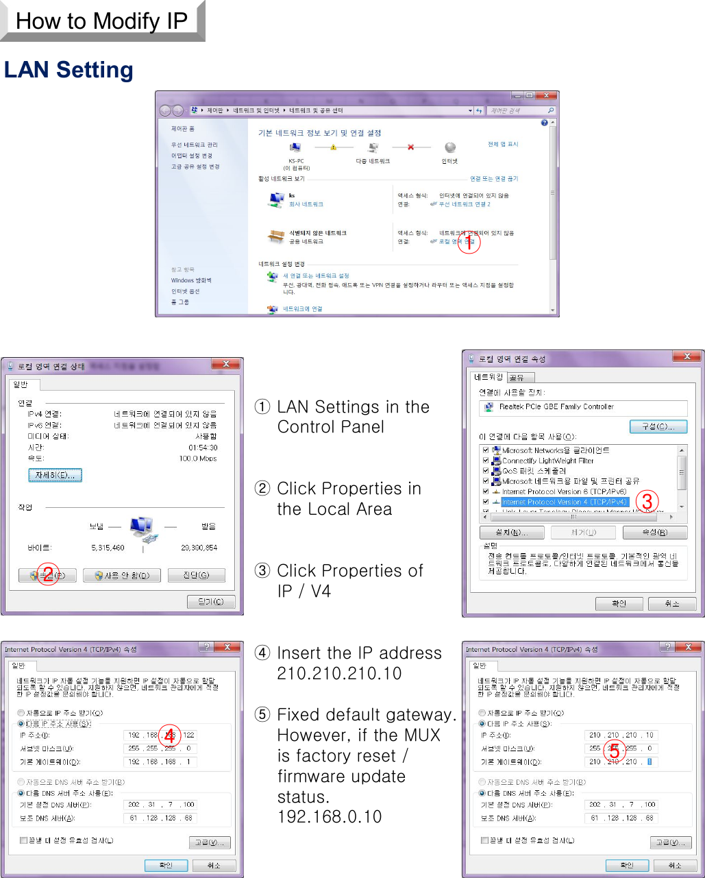 How to Modify IPLAN Setting① LAN Settings in theControl Panel② Click Properties inthe Local Area③ Click Properties ofIP / V4④ Insert the IP address210.210.210.10⑤ Fixed default gateway.However, if the MUXis factory reset / firmware update status.192.168.0.10③⑤②④①