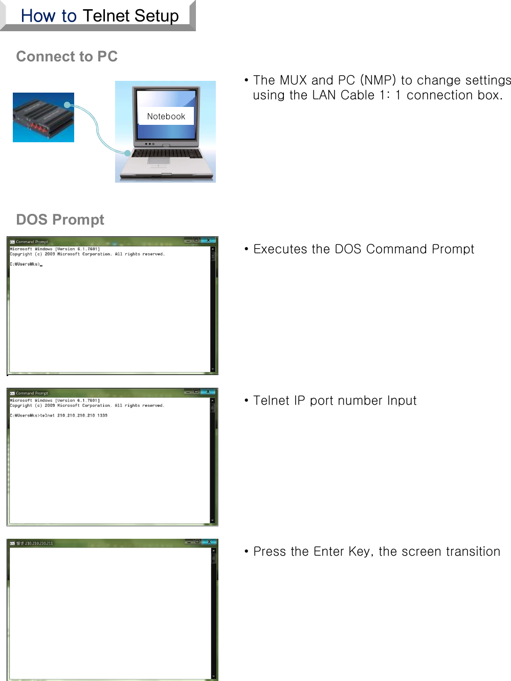 How to Telnet SetupConnect to PC• The MUX and PC (NMP) to change settingsusing the LAN Cable 1: 1 connection box.• Executes the DOS Command Prompt• Telnet IP port number Input• Press the Enter Key, the screen transitionDOS PromptNotebook