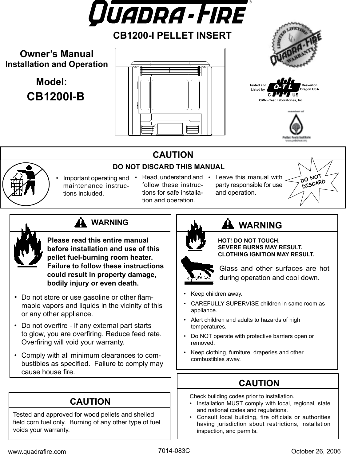 Quadra Fire 1200 I Pellet Insert Cb1200I B Users Manual