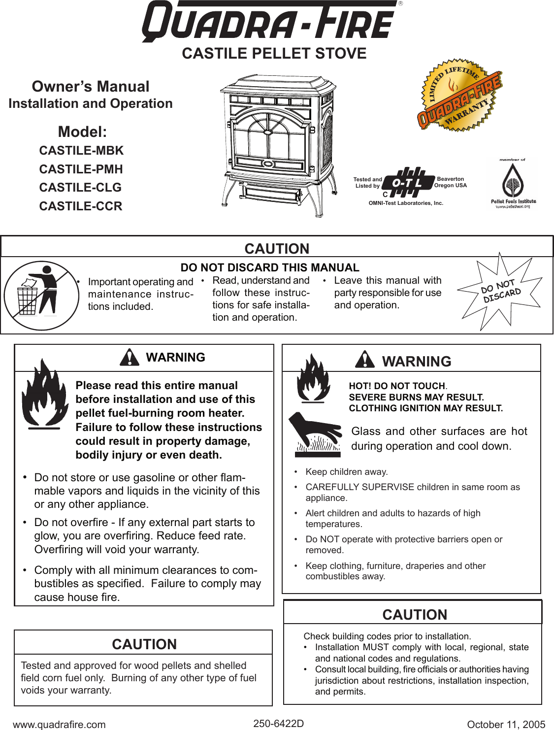 Quadra Fire Castile Ccr Users Manual 250 6422D Stove 10 11 05