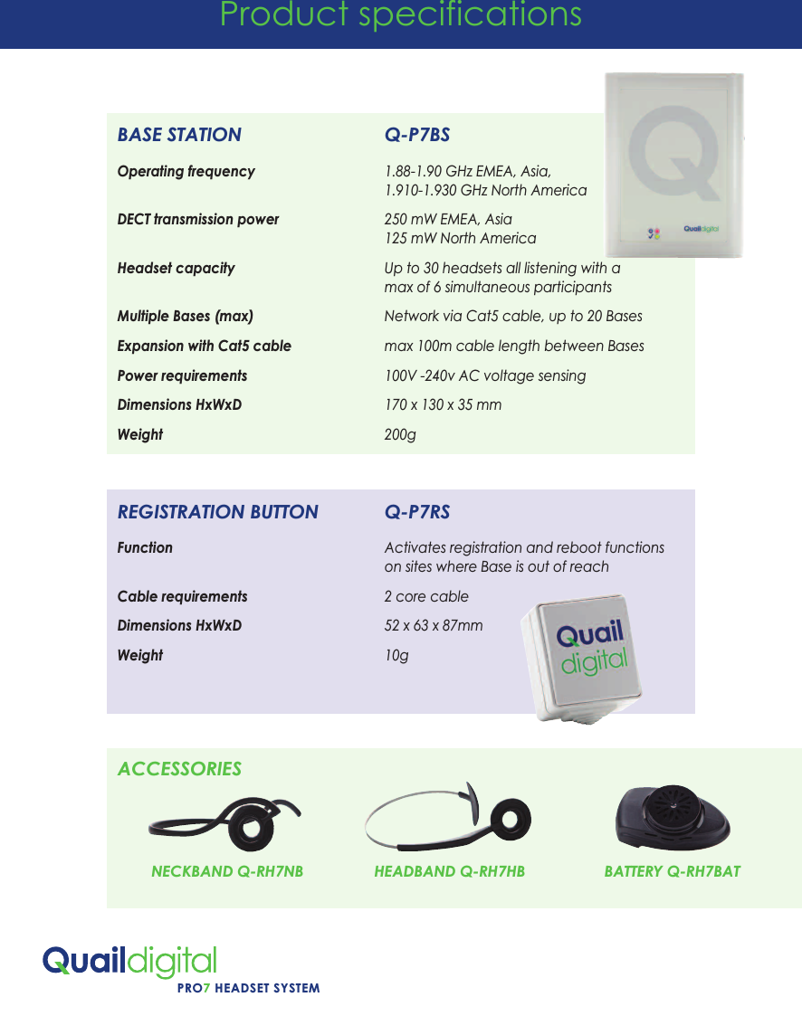 PRO7 HEADSET SYSTEMProduct specificationsBASE STATION                           Q-P7BSOperating frequency                                  1.88-1.90 GHz EMEA, Asia,                                                                        1.910-1.930 GHz North AmericaDECT transmission power                            250 mW EMEA, Asia                                                                       125 mW North AmericaHeadset capacity                                       Up to 30 headsets all listening with a                                                                       max of 6 simultaneous participantsMultiple Bases (max)                                  Network via Cat5 cable, up to 20 BasesExpansion with Cat5 cable                         max 100m cable length between BasesPower requirements                                    100V -240v AC voltage sensing Dimensions HxWxD                                      170 x 130 x 35 mmWeight                                                          200gREGISTRATION BUTTON             Q-P7RSFunction                                                        Activates registration and reboot functions                                                                        on sites where Base is out of reachCable requirements                                    2 core cableDimensions HxWxD                                      52 x 63 x 87mmWeight                                                          10gACCESSORIESNECKBAND Q-RH7NB HEADBAND Q-RH7HB BATTERY Q-RH7BAT