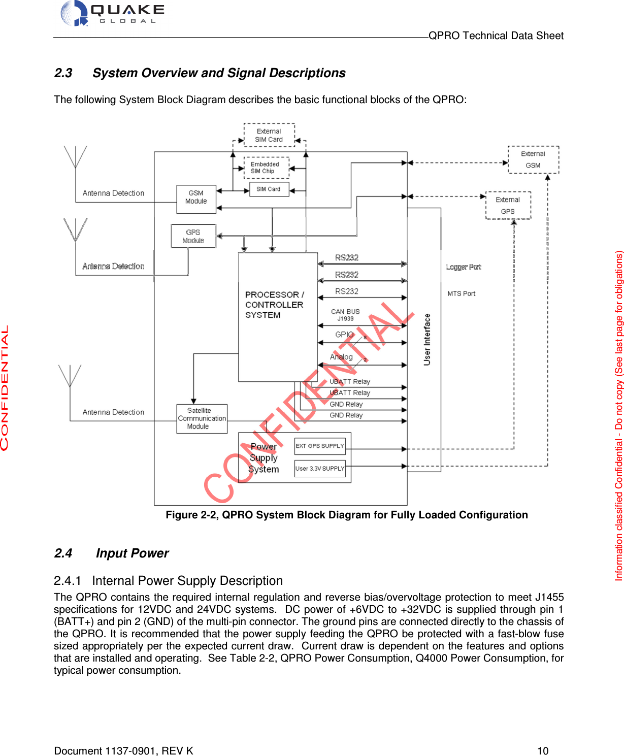                                                                                        QPRO Technical Data Sheet   Document 1137-0901, REV K      10  2.3  System Overview and Signal Descriptions  The following System Block Diagram describes the basic functional blocks of the QPRO:   Figure 2-2, QPRO System Block Diagram for Fully Loaded Configuration  2.4   Input Power 2.4.1  Internal Power Supply Description  The QPRO contains the required internal regulation and reverse bias/overvoltage protection to meet J1455 specifications for 12VDC and 24VDC systems.  DC power of +6VDC to +32VDC is supplied through pin 1 (BATT+) and pin 2 (GND) of the multi-pin connector. The ground pins are connected directly to the chassis of the QPRO. It is recommended that the power supply feeding the QPRO  be protected with a fast-blow fuse sized appropriately per the expected current draw.  Current draw is dependent on the features and options that are installed and operating.  See Table 2-2, QPRO Power Consumption, Q4000 Power Consumption, for typical power consumption.    Information classified Confidential - Do not copy (See last page for obligations) 