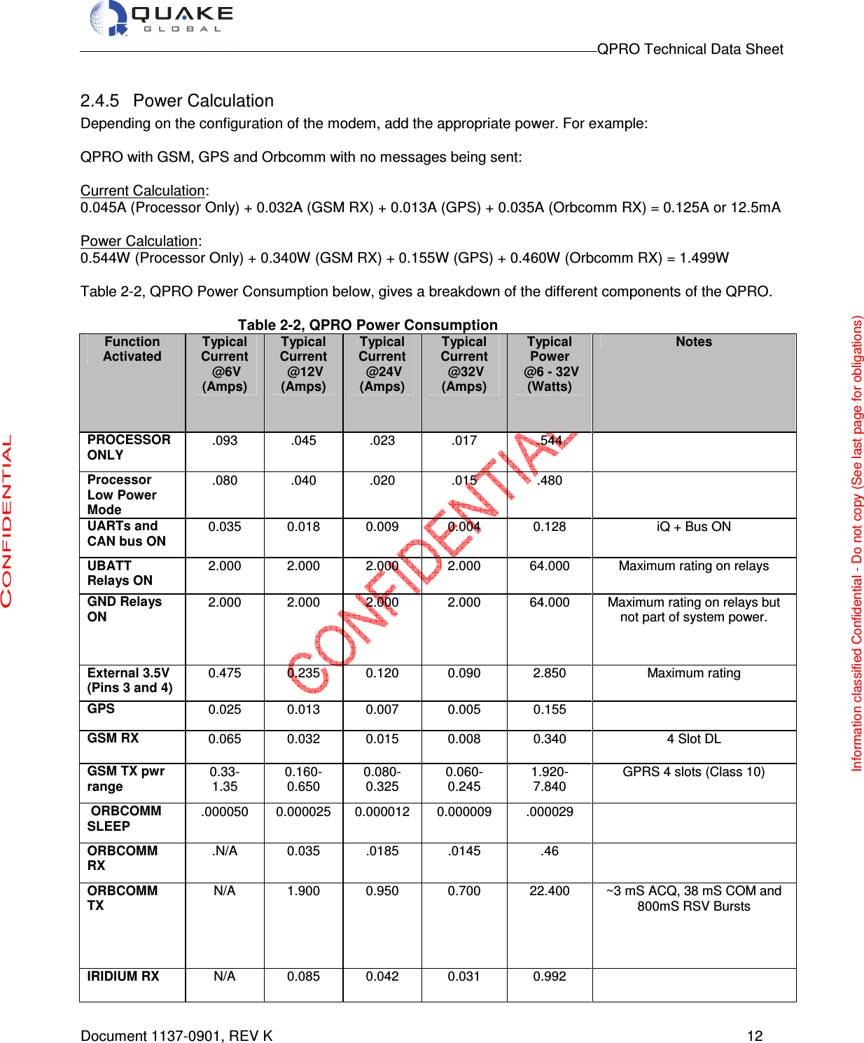                                                                                        QPRO Technical Data Sheet   Document 1137-0901, REV K      12  2.4.5  Power Calculation Depending on the configuration of the modem, add the appropriate power. For example:  QPRO with GSM, GPS and Orbcomm with no messages being sent:  Current Calculation: 0.045A (Processor Only) + 0.032A (GSM RX) + 0.013A (GPS) + 0.035A (Orbcomm RX) = 0.125A or 12.5mA  Power Calculation:  0.544W (Processor Only) + 0.340W (GSM RX) + 0.155W (GPS) + 0.460W (Orbcomm RX) = 1.499W   Table 2-2, QPRO Power Consumption below, gives a breakdown of the different components of the QPRO.   Table 2-2, QPRO Power Consumption Function Activated Typical Current  @6V (Amps) Typical Current  @12V (Amps) Typical Current  @24V (Amps) Typical Current  @32V (Amps) Typical Power  @6 - 32V (Watts) Notes PROCESSOR ONLY .093  .045  .023  .017  .544   Processor Low Power Mode .080  .040  .020  .015  .480   UARTs and CAN bus ON 0.035  0.018  0.009  0.004  0.128  iQ + Bus ON UBATT Relays ON 2.000  2.000  2.000  2.000  64.000  Maximum rating on relays GND Relays ON 2.000  2.000  2.000  2.000  64.000  Maximum rating on relays but not part of system power. External 3.5V (Pins 3 and 4) 0.475  0.235  0.120  0.090  2.850  Maximum rating GPS 0.025  0.013  0.007  0.005  0.155    GSM RX 0.065  0.032  0.015  0.008  0.340  4 Slot DL GSM TX pwr range 0.33- 1.35 0.160- 0.650 0.080- 0.325 0.060- 0.245 1.920- 7.840 GPRS 4 slots (Class 10)  ORBCOMM SLEEP .000050  0.000025  0.000012  0.000009  .000029    ORBCOMM RX .N/A  0.035  .0185  .0145  .46   ORBCOMM TX N/A  1.900  0.950  0.700  22.400  ~3 mS ACQ, 38 mS COM and 800mS RSV Bursts IRIDIUM RX N/A  0.085  0.042  0.031  0.992    Information classified Confidential - Do not copy (See last page for obligations) 