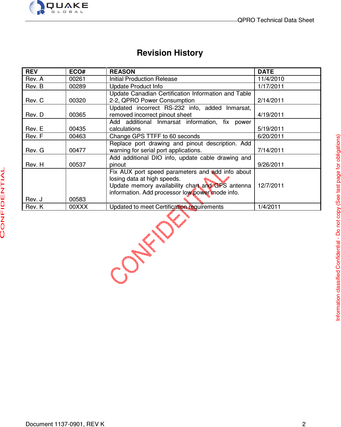                                                                                        QPRO Technical Data Sheet   Document 1137-0901, REV K      2   Revision History  REV ECO# REASON DATE Rev. A  00261  Initial Production Release  11/4/2010 Rev. B  00289  Update Product Info  1/17/2011 Rev. C  00320 Update Canadian Certification Information and Table 2-2, QPRO Power Consumption  2/14/2011 Rev. D  00365 Updated  incorrect  RS-232  info,  added  Inmarsat, removed incorrect pinout sheet  4/19/2011 Rev. E  00435 Add  additional  Inmarsat  information,  fix  power calculations  5/19/2011 Rev. F  00463  Change GPS TTFF to 60 seconds  6/20/2011 Rev. G  00477 Replace  port  drawing  and  pinout  description.  Add warning for serial port applications.  7/14/2011 Rev. H  00537 Add  additional  DIO  info,  update  cable  drawing  and pinout  9/26/2011 Rev. J  00583 Fix  AUX  port  speed  parameters  and  add  info  about losing data at high speeds. Update  memory  availability  chart  and  GPS  antenna information. Add processor low power mode info.  12/7/2011 Rev. K  00XXX  Updated to meet Certification requirements  1/4/2011       Information classified Confidential - Do not copy (See last page for obligations) 