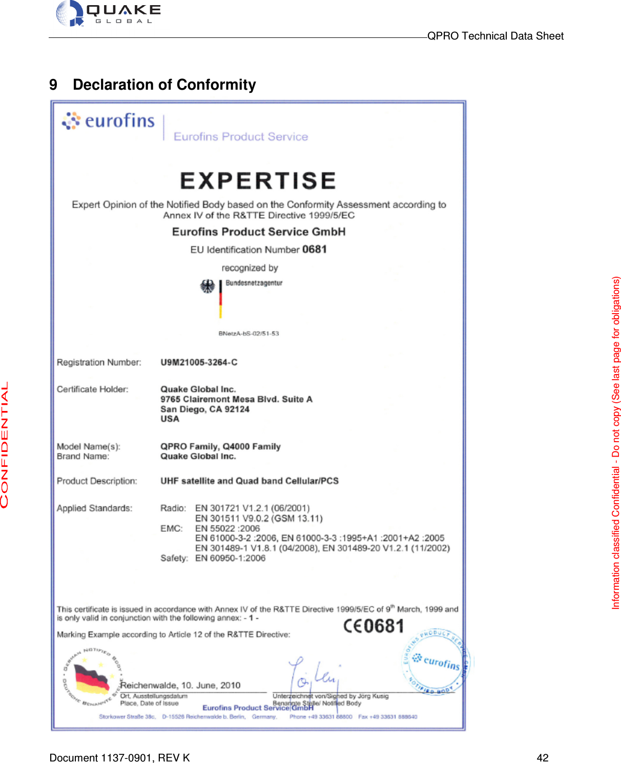                                                                                        QPRO Technical Data Sheet   Document 1137-0901, REV K      42  9   Declaration of Conformity  Information classified Confidential - Do not copy (See last page for obligations) 