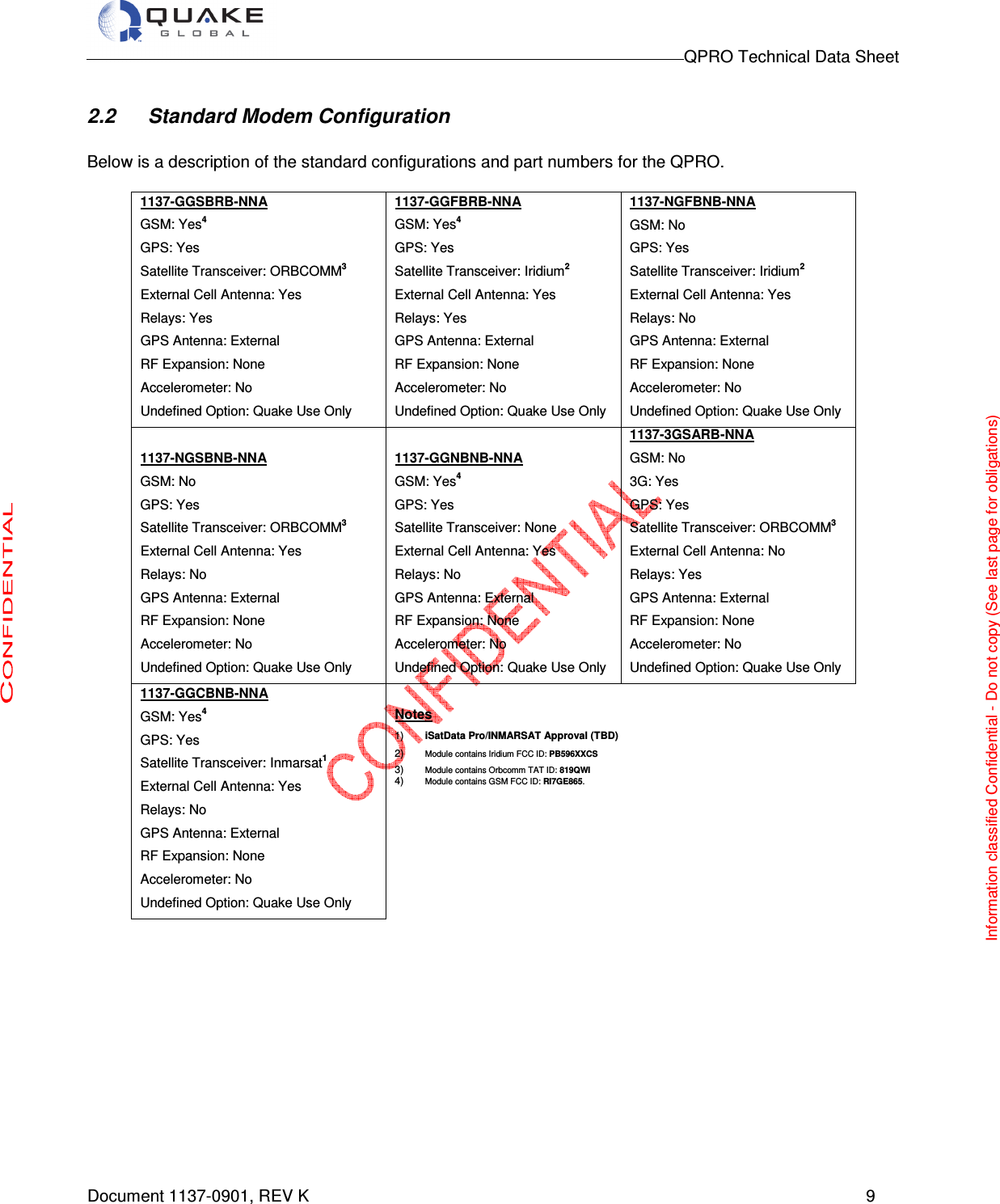                                                                                        QPRO Technical Data Sheet   Document 1137-0901, REV K      9  2.2  Standard Modem Configuration  Below is a description of the standard configurations and part numbers for the QPRO.   1137-GGSBRB-NNA GSM: Yes4 GPS: Yes Satellite Transceiver: ORBCOMM3 External Cell Antenna: Yes Relays: Yes GPS Antenna: External RF Expansion: None Accelerometer: No Undefined Option: Quake Use Only 1137-GGFBRB-NNA GSM: Yes4 GPS: Yes Satellite Transceiver: Iridium2 External Cell Antenna: Yes Relays: Yes GPS Antenna: External RF Expansion: None Accelerometer: No Undefined Option: Quake Use Only 1137-NGFBNB-NNA GSM: No GPS: Yes Satellite Transceiver: Iridium2 External Cell Antenna: Yes Relays: No GPS Antenna: External RF Expansion: None Accelerometer: No Undefined Option: Quake Use Only 1137-NGSBNB-NNA GSM: No GPS: Yes Satellite Transceiver: ORBCOMM3 External Cell Antenna: Yes Relays: No GPS Antenna: External RF Expansion: None Accelerometer: No Undefined Option: Quake Use Only 1137-GGNBNB-NNA GSM: Yes4 GPS: Yes Satellite Transceiver: None External Cell Antenna: Yes Relays: No GPS Antenna: External RF Expansion: None Accelerometer: No Undefined Option: Quake Use Only 1137-3GSARB-NNA GSM: No 3G: Yes GPS: Yes Satellite Transceiver: ORBCOMM3 External Cell Antenna: No Relays: Yes GPS Antenna: External RF Expansion: None Accelerometer: No Undefined Option: Quake Use Only 1137-GGCBNB-NNA GSM: Yes4 GPS: Yes Satellite Transceiver: Inmarsat1 External Cell Antenna: Yes Relays: No GPS Antenna: External RF Expansion: None Accelerometer: No Undefined Option: Quake Use Only  Notes 1)  iSatData Pro/INMARSAT Approval (TBD) 2) Module contains Iridium FCC ID: PB596XXCS 3) Module contains Orbcomm TAT ID: 819QWI 4) Module contains GSM FCC ID: RI7GE865.      Information classified Confidential - Do not copy (See last page for obligations) 