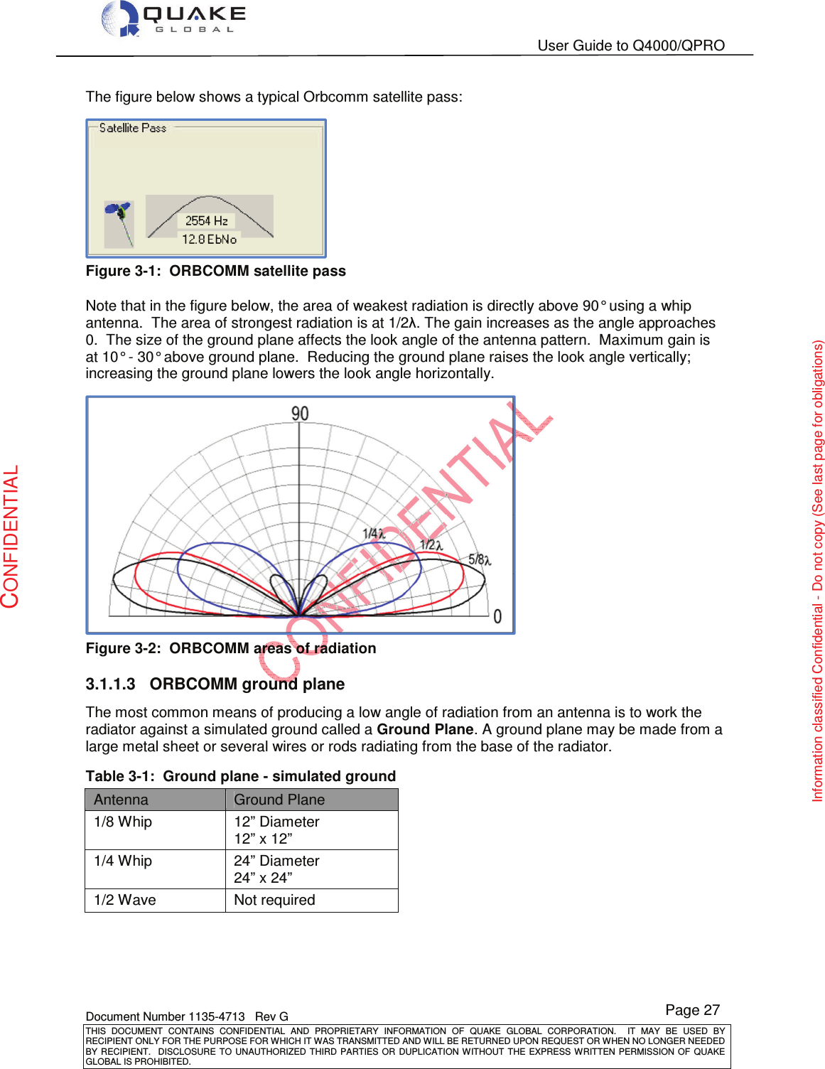   User Guide to Q4000/QPRO    Document Number 1135-4713   Rev G THIS  DOCUMENT  CONTAINS  CONFIDENTIAL  AND  PROPRIETARY  INFORMATION  OF  QUAKE  GLOBAL  CORPORATION.    IT  MAY  BE  USED  BY RECIPIENT ONLY FOR THE PURPOSE FOR WHICH IT WAS TRANSMITTED AND WILL BE RETURNED UPON REQUEST OR WHEN NO LONGER NEEDED BY RECIPIENT.    DISCLOSURE TO  UNAUTHORIZED THIRD  PARTIES OR  DUPLICATION WITHOUT  THE  EXPRESS WRITTEN  PERMISSION  OF  QUAKE GLOBAL IS PROHIBITED. Page 27 CONFIDENTIAL Information classified Confidential - Do not copy (See last page for obligations) The figure below shows a typical Orbcomm satellite pass:  Figure 3-1:  ORBCOMM satellite pass  Note that in the figure below, the area of weakest radiation is directly above 90° using a whip antenna.  The area of strongest radiation is at 1/2Ȝ. The gain increases as the angle approaches 0.  The size of the ground plane affects the look angle of the antenna pattern.  Maximum gain is at 10° - 30° above ground plane.  Reducing the ground plane raises the look angle vertically; increasing the ground plane lowers the look angle horizontally.   Figure 3-2:  ORBCOMM areas of radiation 3.1.1.3  ORBCOMM ground plane The most common means of producing a low angle of radiation from an antenna is to work the radiator against a simulated ground called a Ground Plane. A ground plane may be made from a large metal sheet or several wires or rods radiating from the base of the radiator. Table 3-1:  Ground plane - simulated ground Antenna  Ground Plane 1/8 Whip  12” Diameter 12” x 12” 1/4 Whip  24” Diameter 24” x 24” 1/2 Wave  Not required   