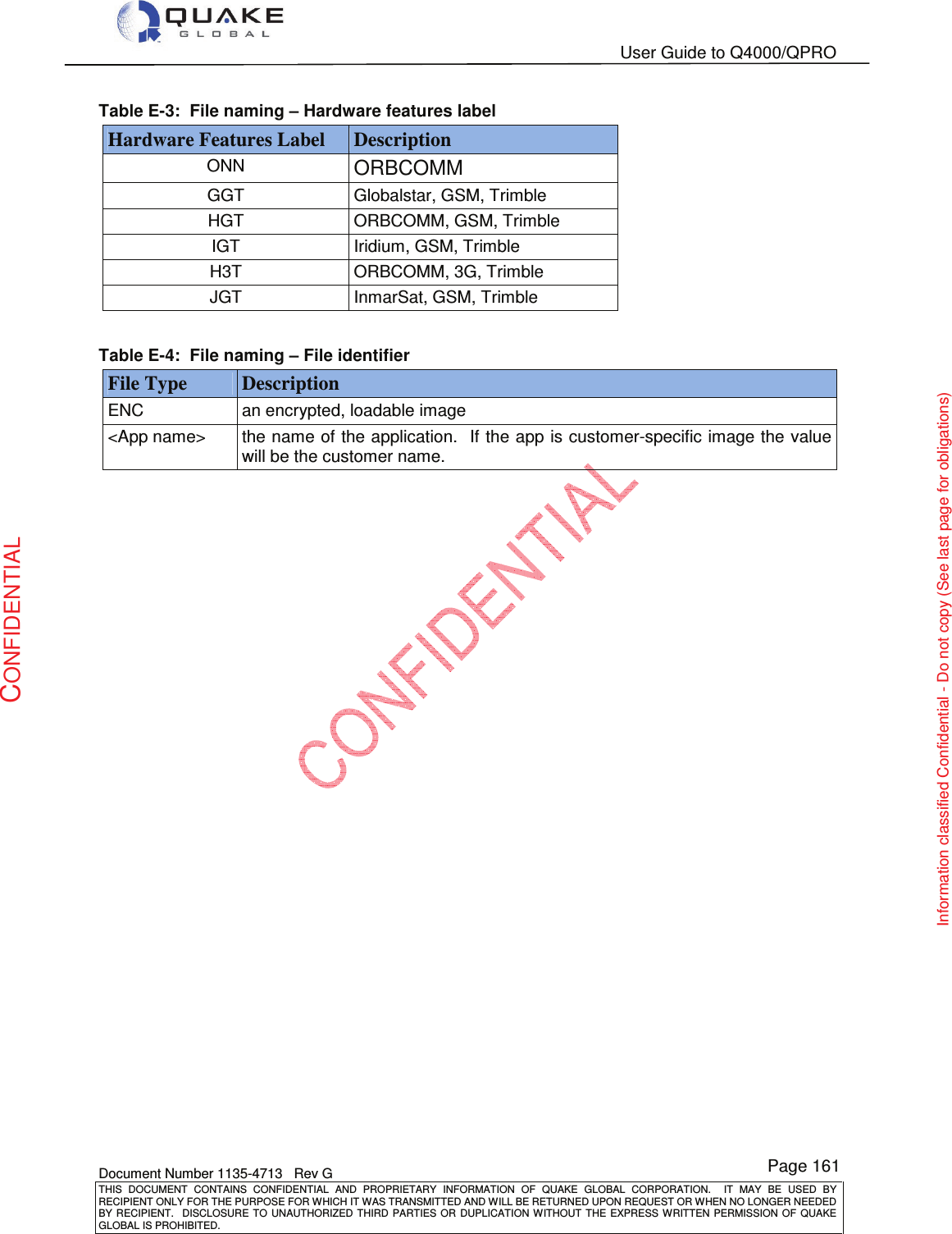   User Guide to Q4000/QPRO    Document Number 1135-4713   Rev G THIS  DOCUMENT  CONTAINS  CONFIDENTIAL  AND  PROPRIETARY  INFORMATION  OF  QUAKE  GLOBAL  CORPORATION.    IT  MAY  BE  USED  BY RECIPIENT ONLY FOR THE PURPOSE FOR WHICH IT WAS TRANSMITTED AND WILL BE RETURNED UPON REQUEST OR WHEN NO LONGER NEEDED BY RECIPIENT.    DISCLOSURE  TO  UNAUTHORIZED  THIRD  PARTIES  OR  DUPLICATION  WITHOUT  THE  EXPRESS  WRITTEN  PERMISSION OF  QUAKE GLOBAL IS PROHIBITED. Page 161 CONFIDENTIAL Information classified Confidential - Do not copy (See last page for obligations) Table E-3:  File naming – Hardware features label Hardware Features Label   Description  ONN ORBCOMM  GGT  Globalstar, GSM, Trimble  HGT  ORBCOMM, GSM, Trimble  IGT  Iridium, GSM, Trimble  H3T  ORBCOMM, 3G, Trimble  JGT  InmarSat, GSM, Trimble   Table E-4:  File naming – File identifier File Type   Description  ENC  an encrypted, loadable image &lt;App name&gt;  the name of the application.  If the app is customer-specific image the value will be the customer name.  