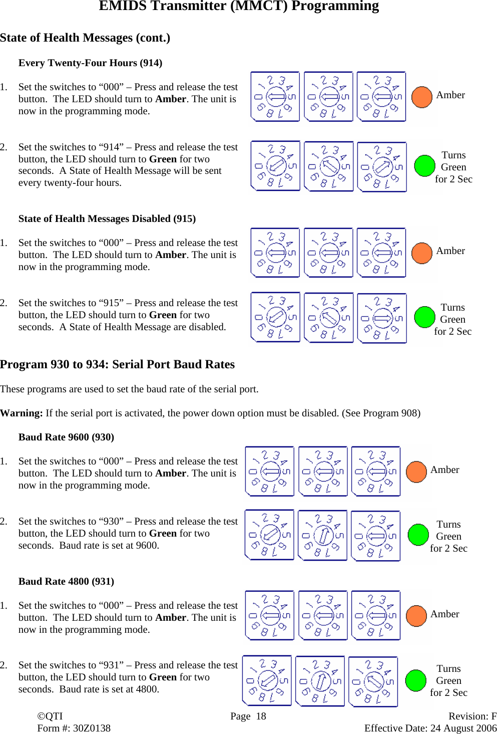  ©QTI  Page  18  Revision: F  Form #: 30Z0138        Effective Date: 24 August 2006 EMIDS Transmitter (MMCT) Programming  State of Health Messages (cont.)   Every Twenty-Four Hours (914)  1. Set the switches to “000” – Press and release the test button.  The LED should turn to Amber. The unit is now in the programming mode.   2. Set the switches to “914” – Press and release the test button, the LED should turn to Green for two seconds.  A State of Health Message will be sent every twenty-four hours.   State of Health Messages Disabled (915)  1. Set the switches to “000” – Press and release the test button.  The LED should turn to Amber. The unit is now in the programming mode.   2. Set the switches to “915” – Press and release the test button, the LED should turn to Green for two seconds.  A State of Health Message are disabled.   Program 930 to 934: Serial Port Baud Rates  These programs are used to set the baud rate of the serial port.  Warning: If the serial port is activated, the power down option must be disabled. (See Program 908)    Baud Rate 9600 (930)  1. Set the switches to “000” – Press and release the test button.  The LED should turn to Amber. The unit is now in the programming mode.   2. Set the switches to “930” – Press and release the test button, the LED should turn to Green for two seconds.  Baud rate is set at 9600.     Baud Rate 4800 (931)  1. Set the switches to “000” – Press and release the test button.  The LED should turn to Amber. The unit is now in the programming mode.   2. Set the switches to “931” – Press and release the test button, the LED should turn to Green for two seconds.  Baud rate is set at 4800. Amber Turns Green for 2 Sec Amber Turns Green for 2 Sec Amber Turns Green for 2 Sec Amber Turns Green for 2 Sec 