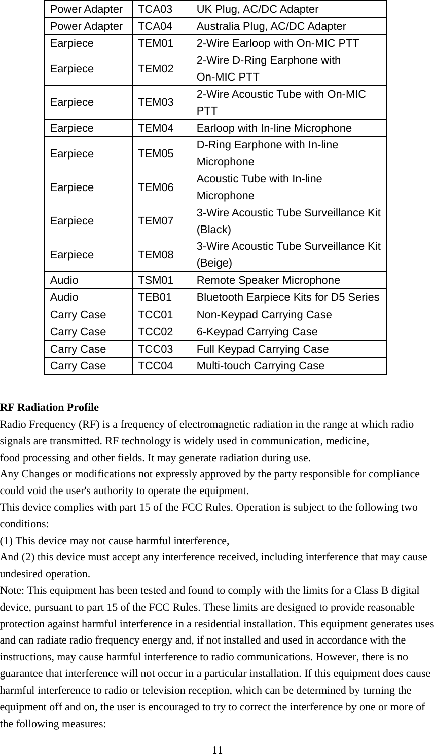 11                        RF Radiation Profile Radio Frequency (RF) is a frequency of electromagnetic radiation in the range at which radio signals are transmitted. RF technology is widely used in communication, medicine, food processing and other fields. It may generate radiation during use. Any Changes or modifications not expressly approved by the party responsible for compliance could void the user&apos;s authority to operate the equipment. This device complies with part 15 of the FCC Rules. Operation is subject to the following two conditions: (1) This device may not cause harmful interference, And (2) this device must accept any interference received, including interference that may cause undesired operation. Note: This equipment has been tested and found to comply with the limits for a Class B digital device, pursuant to part 15 of the FCC Rules. These limits are designed to provide reasonable protection against harmful interference in a residential installation. This equipment generates uses and can radiate radio frequency energy and, if not installed and used in accordance with the instructions, may cause harmful interference to radio communications. However, there is no guarantee that interference will not occur in a particular installation. If this equipment does cause harmful interference to radio or television reception, which can be determined by turning the equipment off and on, the user is encouraged to try to correct the interference by one or more of the following measures: Power Adapter TCA03 UK Plug, AC/DC Adapter Power Adapter TCA04 Australia Plug, AC/DC Adapter Earpiece  TEM01  2-Wire Earloop with On-MIC PTT Earpiece TEM02 2-Wire D-Ring Earphone with On-MIC PTT Earpiece TEM03 2-Wire Acoustic Tube with On-MIC PTT Earpiece  TEM04  Earloop with In-line Microphone Earpiece TEM05 D-Ring Earphone with In-line Microphone Earpiece TEM06 Acoustic Tube with In-line Microphone Earpiece TEM07 3-Wire Acoustic Tube Surveillance Kit (Black) Earpiece TEM08 3-Wire Acoustic Tube Surveillance Kit (Beige) Audio  TSM01  Remote Speaker Microphone Audio  TEB01  Bluetooth Earpiece Kits for D5 Series Carry Case  TCC01  Non-Keypad Carrying Case Carry Case  TCC02  6-Keypad Carrying Case Carry Case  TCC03  Full Keypad Carrying Case Carry Case  TCC04  Multi-touch Carrying Case 