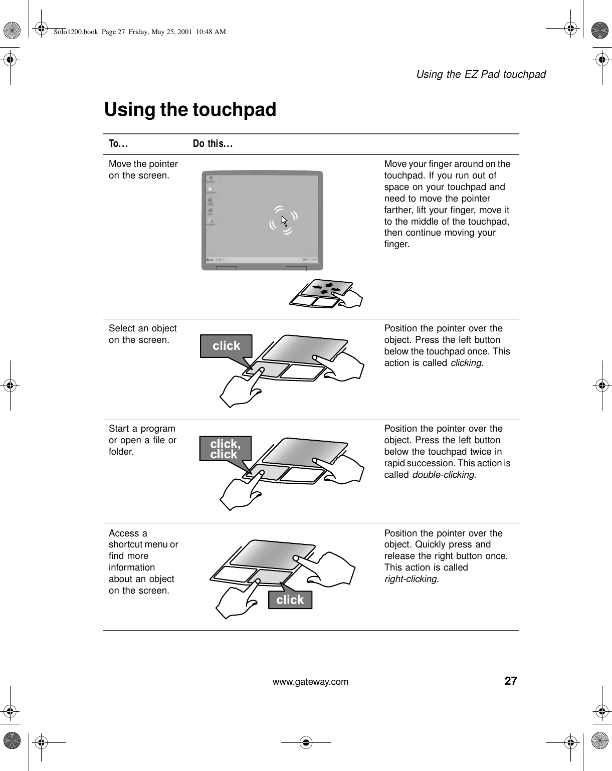 27Using the EZ Pad touchpadwww.gateway.comUsing the touchpadTo... Do this...Move the pointer on the screen. Move your finger around on the touchpad. If you run out of space on your touchpad and need to move the pointer farther, lift your finger, move it to the middle of the touchpad, then continue moving your finger.Select an object on the screen. Position the pointer over the object. Press the left button below the touchpad once. This action is called clicking.Start a program or open a file or folder.Position the pointer over the object. Press the left button below the touchpad twice in rapid succession. This action is called double-clicking.Access a shortcut menu or find more information about an object on the screen.Position the pointer over the object. Quickly press and release the right button once. This action is called right-clicking.Solo1200.book Page 27 Friday, May 25, 2001 10:48 AM