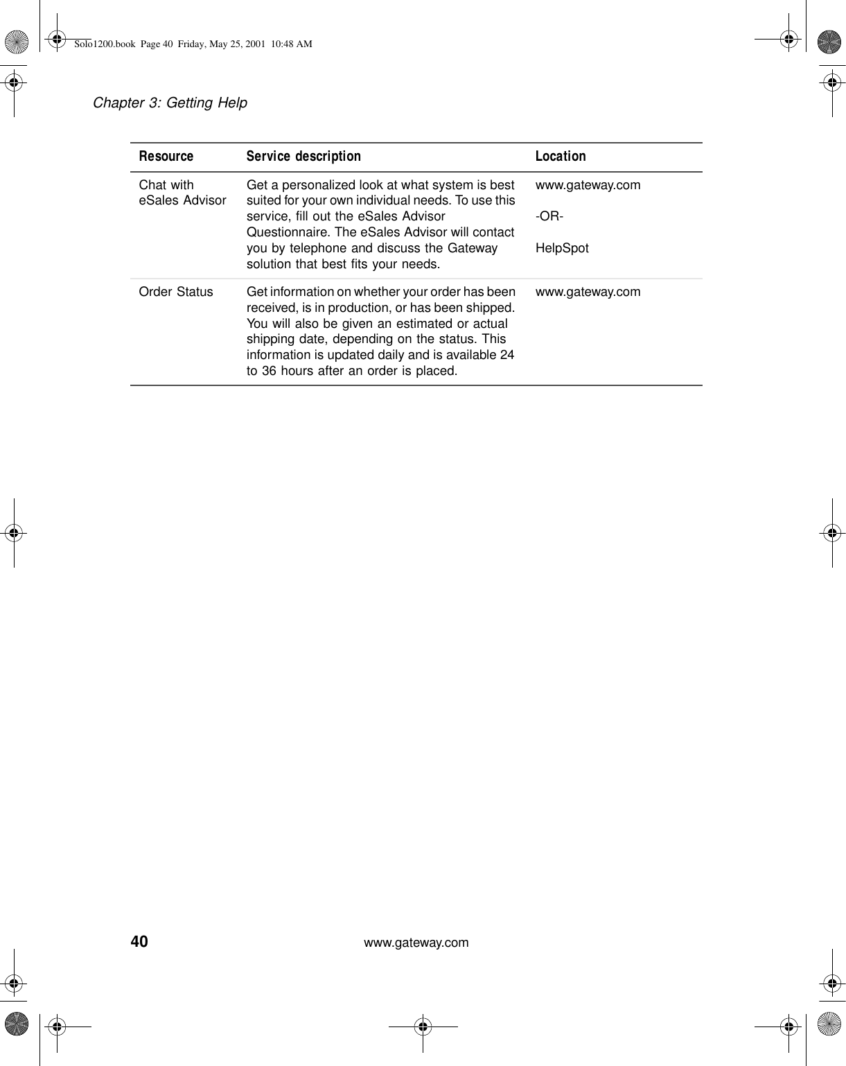 40Chapter 3: Getting Helpwww.gateway.comChat with eSales Advisor Get a personalized look at what system is best suited for your own individual needs. To use this service, fill out the eSales Advisor Questionnaire. The eSales Advisor will contact you by telephone and discuss the Gateway solution that best fits your needs.www.gateway.com-OR-HelpSpotOrder Status Get information on whether your order has been received, is in production, or has been shipped. You will also be given an estimated or actual shipping date, depending on the status. This information is updated daily and is available 24 to 36 hours after an order is placed.www.gateway.comResource Service description LocationSolo1200.book Page 40 Friday, May 25, 2001 10:48 AM