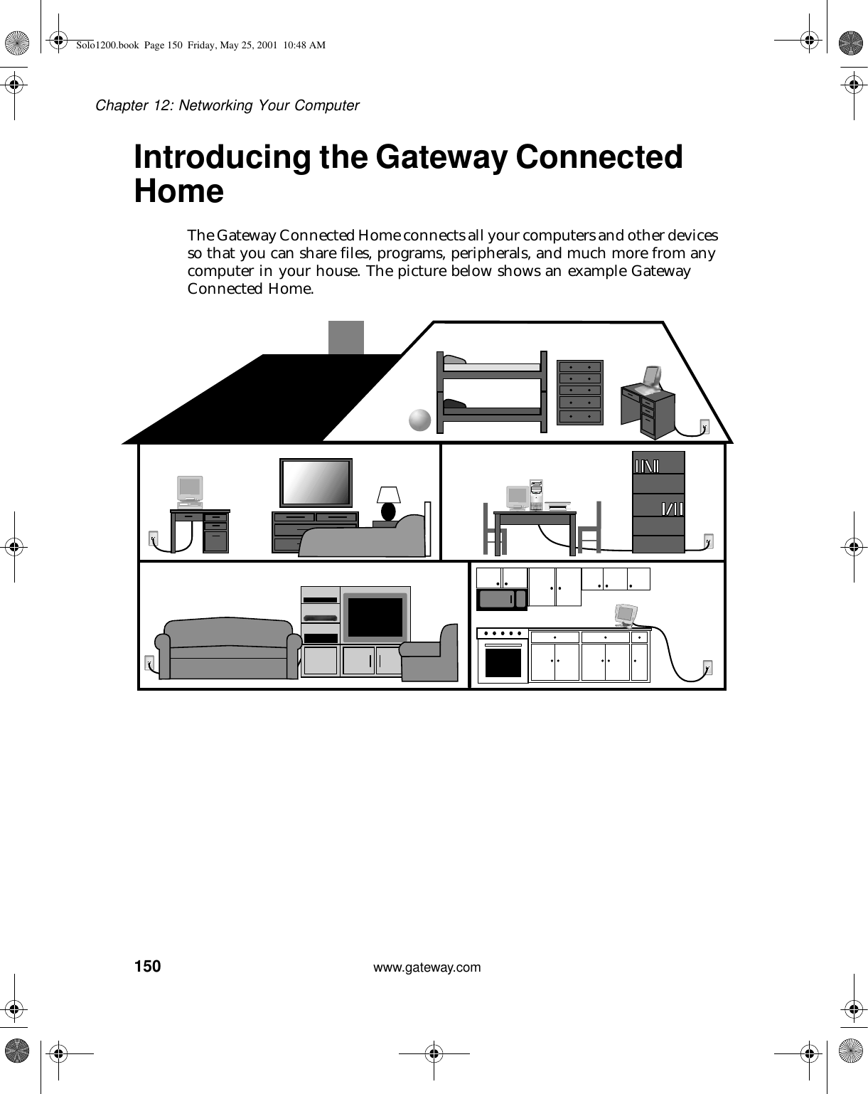 150Chapter 12: Networking Your Computerwww.gateway.comIntroducing the Gateway Connected HomeThe Gateway Connected Home connects all your computers and other devices so that you can share files, programs, peripherals, and much more from any computer in your house. The picture below shows an example Gateway Connected Home.Solo1200.book Page 150 Friday, May 25, 2001 10:48 AM