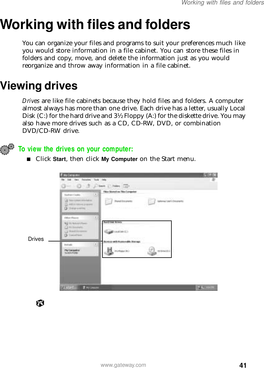 41Working with files and folderswww.gateway.comWorking with files and foldersYou can organize your files and programs to suit your preferences much like you would store information in a file cabinet. You can store these files in folders and copy, move, and delete the information just as you would reorganize and throw away information in a file cabinet.Viewing drivesDrives are like file cabinets because they hold files and folders. A computer almost always has more than one drive. Each drive has a letter, usually Local Disk (C:) for the hard drive and 3½ Floppy (A:) for the diskette drive. You may also have more drives such as a CD, CD-RW, DVD, or combination DVD/CD-RW drive.To view the drives on your computer:■Click Start, then click My Computer on the Start menu.Drives