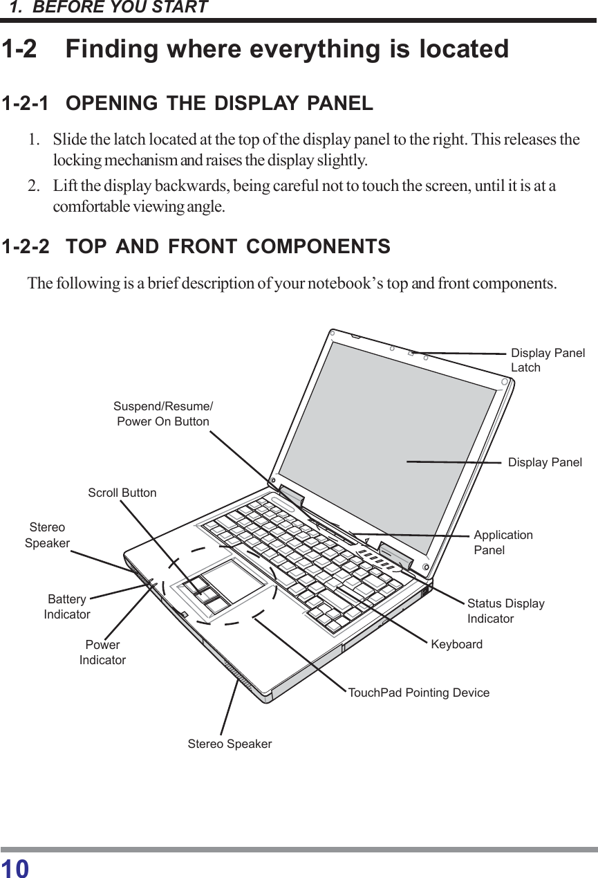 101.  BEFORE YOU START1-2 Finding where everything is located1-2-1 OPENING THE DISPLAY PANEL1. Slide the latch located at the top of the display panel to the right. This releases thelocking mechanism and raises the display slightly.2. Lift the display backwards, being careful not to touch the screen, until it is at acomfortable viewing angle.1-2-2 TOP AND FRONT COMPONENTSThe following is a brief description of your notebook’s top and front components.Suspend/Resume/PowerOnButtonScrollButtonTouchPadPointingDeviceStereoSpeakerStereoSpeakerBatteryIndicatorPowerIndicatorStatusDisplayIndicatorApplicationPanelKeyboardDisplayPanelDisplayPanelLatch