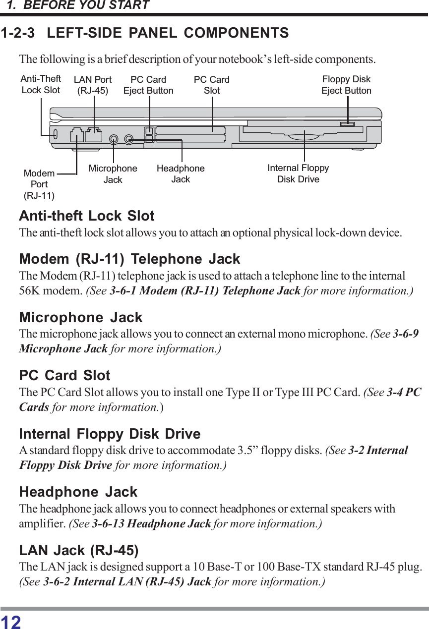 121.  BEFORE YOU START1-2-3 LEFT-SIDE PANEL COMPONENTSThe following is a brief description of your notebook’s left-side components.Anti-theft Lock SlotThe anti-theft lock slot allows you to attach an optional physical lock-down device.Modem (RJ-11) Telephone JackThe Modem (RJ-11) telephone jack is used to attach a telephone line to the internal56K modem. (See 3-6-1 Modem (RJ-11) Telephone Jack for more information.)Microphone JackThe microphone jack allows you to connect an external mono microphone. (See 3-6-9Microphone Jack for more information.)PC Card SlotThe PC Card Slot allows you to install one Type II or Type III PC Card. (See 3-4 PCCards for more information.)Internal Floppy Disk DriveA standard floppy disk drive to accommodate 3.5” floppy disks. (See 3-2 InternalFloppy Disk Drive for more information.)Headphone JackThe headphone jack allows you to connect headphones or external speakers withamplifier. (See 3-6-13 Headphone Jack for more information.)LAN Jack (RJ-45)The LAN jack is designed support a 10 Base-T or 100 Base-TX standard RJ-45 plug.(See 3-6-2 Internal LAN (RJ-45) Jack for more information.)Anti-TheftLock SlotModemPort(RJ-11)LAN Port(RJ-45)Internal FloppyDisk DriveFloppy DiskEject ButtonMicrophoneJackHeadphoneJackPC CardSlotPC CardEject Button