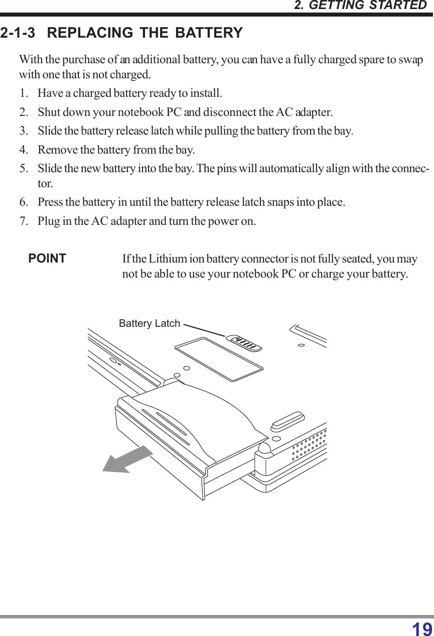 192. GETTING STARTED2-1-3 REPLACING THE BATTERYWith the purchase of an additional battery, you can have a fully charged spare to swapwith one that is not charged.1. Have a charged battery ready to install.2. Shut down your notebook PC and disconnect the AC adapter.3. Slide the battery release latch while pulling the battery from the bay.4. Remove the battery from the bay.5. Slide the new battery into the bay. The pins will automatically align with the connec-tor.6. Press the battery in until the battery release latch snaps into place.7. Plug in the AC adapter and turn the power on.POINT If the Lithium ion battery connector is not fully seated, you maynot be able to use your notebook PC or charge your battery.BatteryLatch