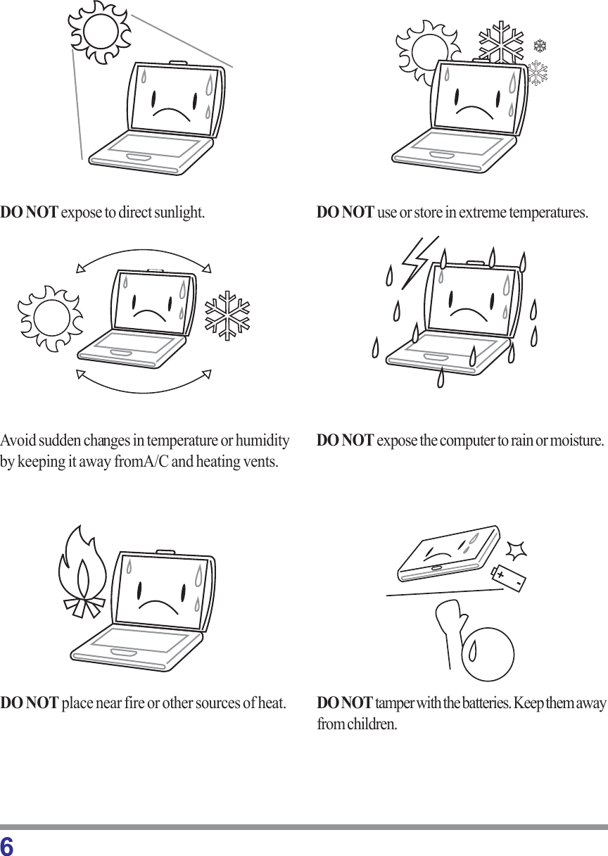 6DO NOT place near fire or other sources of heat. DO NOT tamper with the batteries. Keep them awayfrom children.DO NOT expose to direct sunlight. DO NOT use or store in extreme temperatures.Avoid sudden changes in temperature or humidityby keeping it away fromA/C and heating vents.DO NOT expose the computer to rain or moisture.