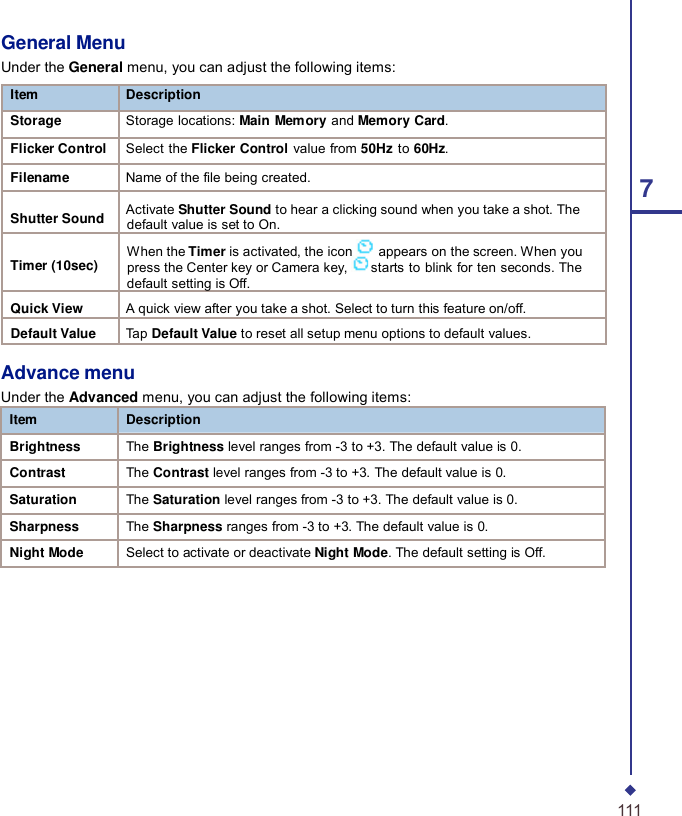   7 General Menu Under the General menu, you can adjust the following items:  Item Description  Storage Storage locations: Main Memory and Memory Card. Flicker Control Select the Flicker Control value from 50Hz to 60Hz. Filename Name of the file being created. Shutter Sound Activate Shutter Sound to hear a clicking sound when you take a shot. The default value is set to On.  Timer (10sec)  When the Timer is activated, the icon  appears on the screen. When you press the Center key or Camera key,  starts to blink for ten seconds. The default setting is Off. Quick View A quick view after you take a shot. Select to turn this feature on/off. Default Value Tap Default Value to reset all setup menu options to default values.  Advance menu Under the Advanced menu, you can adjust the following items: Item Description Brightness The Brightness level ranges from -3 to +3. The default value is 0. Contrast The Contrast level ranges from -3 to +3. The default value is 0. Saturation The Saturation level ranges from -3 to +3. The default value is 0. Sharpness The Sharpness ranges from -3 to +3. The default value is 0. Night Mode Select to activate or deactivate Night Mode. The default setting is Off.            111 