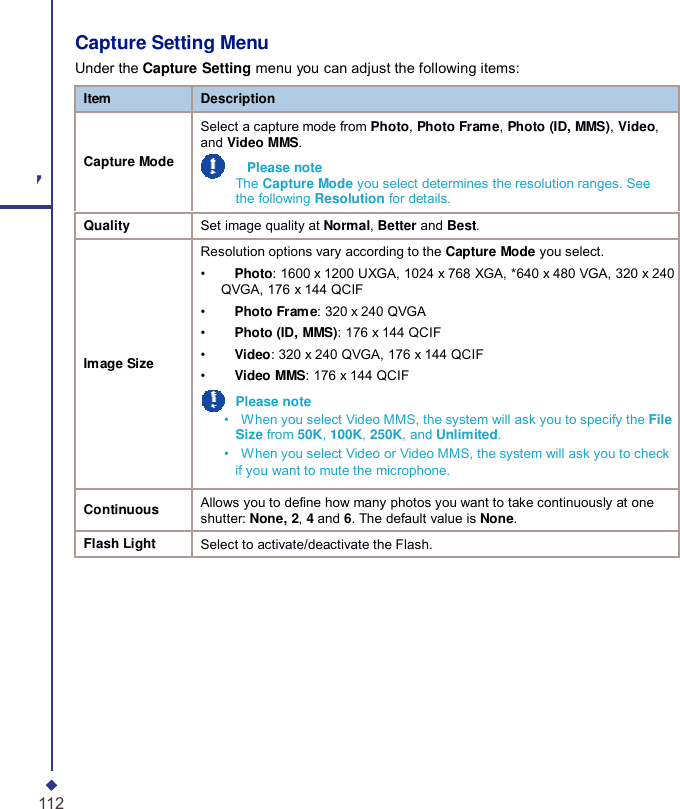   Item Description   Capture Mode Select a capture mode from Photo, Photo Frame, Photo (ID, MMS), Video, and Video MMS.   Please note The Capture Mode you select determines the resolution ranges. See the following Resolution for details. Quality Set image quality at Normal, Better and Best.       Image Size Resolution options vary according to the Capture Mode you select. •     Photo: 1600 x 1200 UXGA, 1024 x 768 XGA, *640 x 480 VGA, 320 x 240 QVGA, 176 x 144 QCIF •    Photo Frame: 320 x 240 QVGA •     Photo (ID, MMS): 176 x 144 QCIF •     Video: 320 x 240 QVGA, 176 x 144 QCIF •     Video MMS: 176 x 144 QCIF Please note •    When you select Video MMS, the system will ask you to specify the File Size from 50K, 100K, 250K, and Unlimited. •    When you select Video or Video MMS, the system will ask you to check if you want to mute the microphone.  Continuous Allows you to define how many photos you want to take continuously at one shutter: None, 2, 4 and 6. The default value is None. Flash Light Select to activate/deactivate the Flash.  Capture Setting Menu Under the Capture Setting menu you can adjust the following items: 7  112 