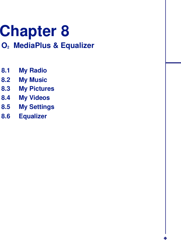   Chapter 8 O2    MediaPlus &amp; Equalizer    8.1 My Radio 8.2 My Music 8.3 My Pictures 8.4 My Videos 8.5 My Settings 8.6 Equalizer 