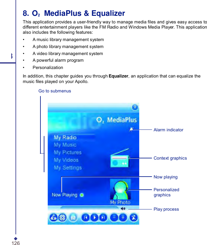  8. O2    MediaPlus &amp; Equalizer This application provides a user-friendly way to manage media les and gives easy access to different entertainment players like the FM Radio and Windows Media Player. This application also includes the following features: •    A music library management system •    A photo library management system 8 •    A video library management system •    A powerful alarm program •    Personalization In addition, this chapter guides you through Equalizer, an application that can equalize the music les played on your Apollo. Go to submenus Alarm indicator Context graphics Now playing Personalized graphics Play process 126 