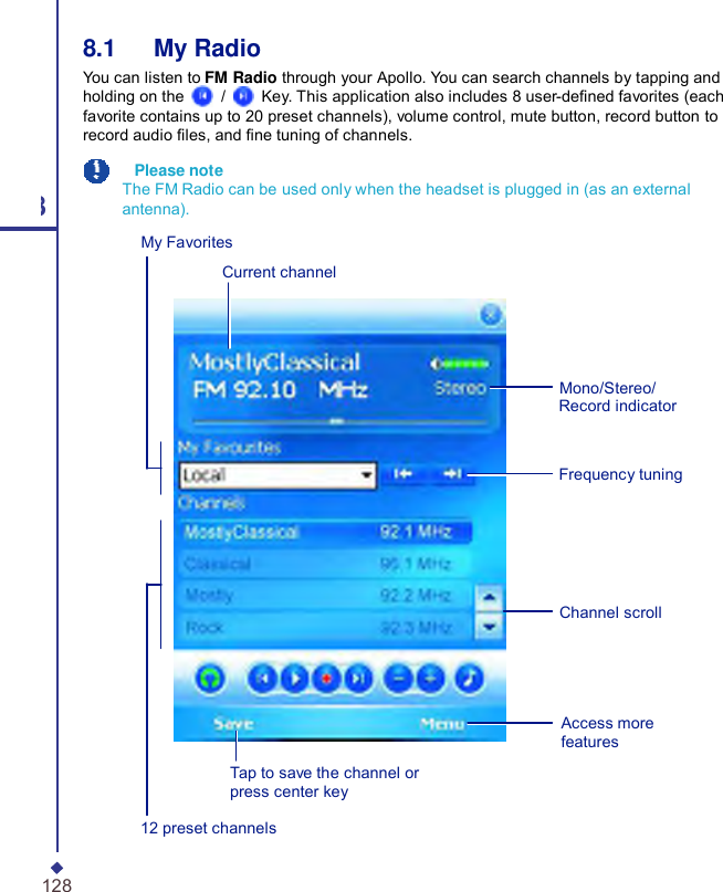   8.1   My Radio You can listen to FM Radio through your Apollo. You can search channels by tapping and holding on the   /   Key. This application also includes 8 user-dened favorites (each favorite contains up to 20 preset channels), volume control, mute button, record button to record audio les, and ne tuning of channels.   Please note The FM Radio can be used only when the headset is plugged in (as an external 8 antenna). My Favorites Current channel Mono/Stereo/ Record indicator Frequency tuning Channel scroll Tap to save the channel or press center key Access more features 12 preset channels 128 
