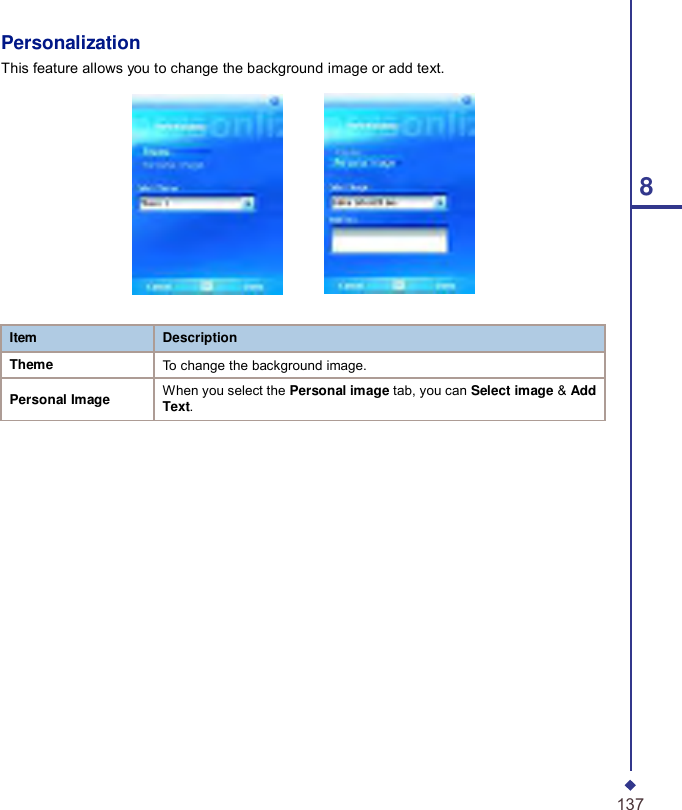     Item Description Theme To change the background image.  Personal Image When you select the Personal image tab, you can Select image &amp; Add Text. Personalization This feature allows you to change the background image or add text.        8                             137 