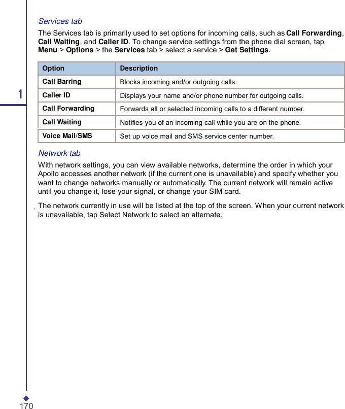 Option Description Call Barring Blocks incoming and/or outgoing calls. Caller ID Displays your name and/or phone number for outgoing calls. Call Forwarding Forwards all or selected incoming calls to a different number. Call Waiting Notifies you of an incoming call while you are on the phone. Voice Mail/SMS Set up voice mail and SMS service center number.  Services tab The Services tab is primarily used to set options for incoming calls, such as Call Forwarding, Call Waiting, and Caller ID. To change service settings from the phone dial screen, tap Menu &gt; Options &gt; the Services tab &gt; select a service &gt; Get Settings. 1 Network tab With network settings, you can view available networks, determine the order in which your Apollo accesses another network (if the current one is unavailable) and specify whether you want to change networks manually or automatically. The current network will remain active until you change it, lose your signal, or change your SIM card. The network currently in use will be listed at the top of the screen. When your current network is unavailable, tap Select Network to select an alternate. 170 