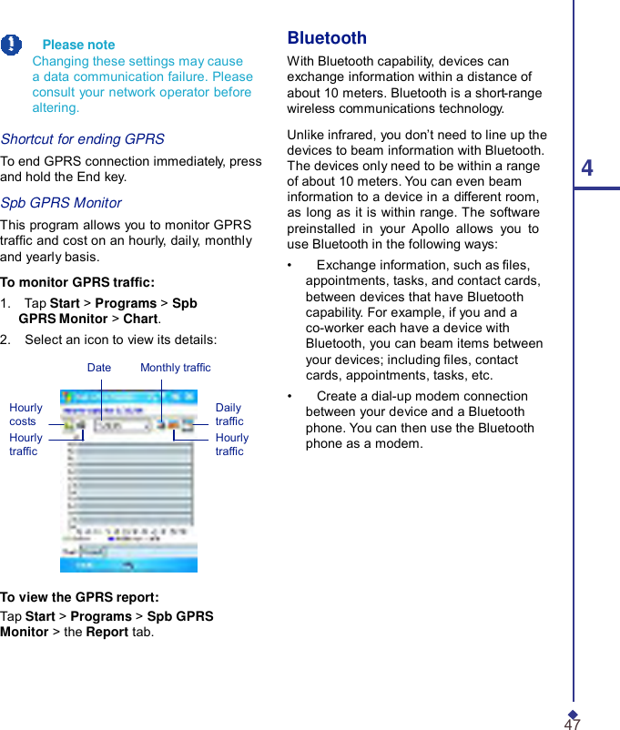      Please note Changing these settings may cause a data communication failure. Please consult your network operator before altering.  Shortcut for ending GPRS To end GPRS connection immediately, press and hold the End key.  Spb GPRS Monitor This program allows you to monitor GPRS trafc and cost on an hourly, daily, monthly and yearly basis.  To monitor GPRS trafc: 1.    Tap Start &gt; Programs &gt; Spb GPRS Monitor &gt; Chart. 2.    Select an icon to view its details:  Date     Monthly trafc Bluetooth With Bluetooth capability, devices can exchange information within a distance of about 10 meters. Bluetooth is a short-range wireless communications technology.  Unlike infrared, you don’t need to line up the devices to beam information with Bluetooth. The devices only need to be within a range  4 of about 10 meters. You can even beam information to a device in a different room, as long as it is within range. The software preinstalled in your  Apollo allows you to use Bluetooth in the following ways: •    Exchange information, such as les, appointments, tasks, and contact cards, between devices that have Bluetooth capability. For example, if you and a co-worker each have a device with Bluetooth, you can beam items between your devices; including les, contact cards, appointments, tasks, etc. •    Create a dial-up modem connection Hourly costs Hourly trafc Daily trafc Hourly trafc between your device and a Bluetooth phone. You can then use the Bluetooth phone as a modem.        To view the GPRS report: Tap Start &gt; Programs &gt; Spb GPRS Monitor &gt; the Report tab.     47 