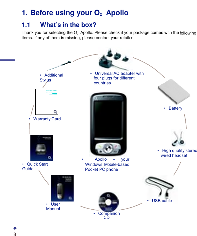           1. Before using your O2    Apollo 1.1   What’s in the box? Thank you for selecting the O2    Apollo. Please check if your package comes with the following items. If any of them is missing, please contact your retailer. 1 •   Additional Stylus •   Universal AC adapter with four plugs for different countries LIMITED W ARRANTY  S TA TEMENT         PERNYA TAAN  JAMINAN  TERBA TAS BAÛO HAØNH COÙ GIÔÙI HAÏN                                •   Battery •   Warranty Card •   Quick Start Guide  •    Apollo  – your Windows Mobile-based Pocket PC phone •   High quality stereo wired headset •   User Manual •   USB cable •   Companion CD 8 