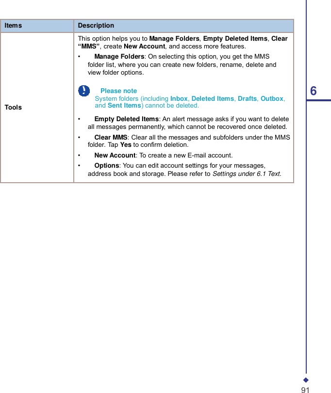   Items Description        Tools This option helps you to Manage Folders, Empty Deleted Items, Clear “MMS”, create New Account, and access more features. •     Manage Folders: On selecting this option, you get the MMS folder list, where you can create new folders, rename, delete and view folder options.    Please note System folders (including Inbox, Deleted Items, Drafts, Outbox, and Sent Items) cannot be deleted.  •     Empty Deleted Items: An alert message asks if you want to delete all messages permanently, which cannot be recovered once deleted. •     Clear MMS: Clear all the messages and subfolders under the MMS folder. Tap Yes to confirm deletion. •     New Account: To create a new E-mail account. •     Options: You can edit account settings for your messages, address book and storage. Please refer to Settings under 6.1 Text.         6                              91 