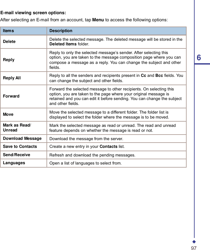 Items Description  Delete Delete the selected message. The deleted message will be stored in the Deleted Items folder.  Reply Reply to only the selected message’s sender. After selecting this option, you are taken to the message composition page where you can compose a message as a reply. You can change the subject and other fields.  Reply All Reply to all the senders and recipients present in Cc and Bcc fields. You can change the subject and other fields.  Forward Forward the selected message to other recipients. On selecting this option, you are taken to the page where your original message is retained and you can edit it before sending. You can change the subject and other fields.  Move Move the selected message to a different folder. The folder list is displayed to select the folder where the message is to be moved. Mark as Read/ Unread Mark the selected message as read or unread. The read and unread feature depends on whether the message is read or not. Download Message Download the message from the server. Save to Contacts Create a new entry in your Contacts list. Send/Receive Refresh and download the pending messages. Languages Open a list of languages to select from.  E-mail viewing screen options: After selecting an E-mail from an account, tap Menu to access the following options:      6                              97 