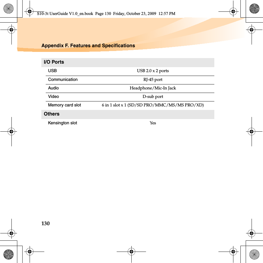 130Appendix F. Features and SpecificationsI/O PortsUSB USB 2.0 x 2 portsCommunication RJ-45 portAudio Headphone/Mic-In JackVideo D-sub portMemory card slot 6 in 1 slot x 1 (SD/SD PRO/MMC/MS/MS PRO/XD)OthersKensington slot YesS10-3t UserGuide V1.0_en.book  Page 130  Friday, October 23, 2009  12:57 PM