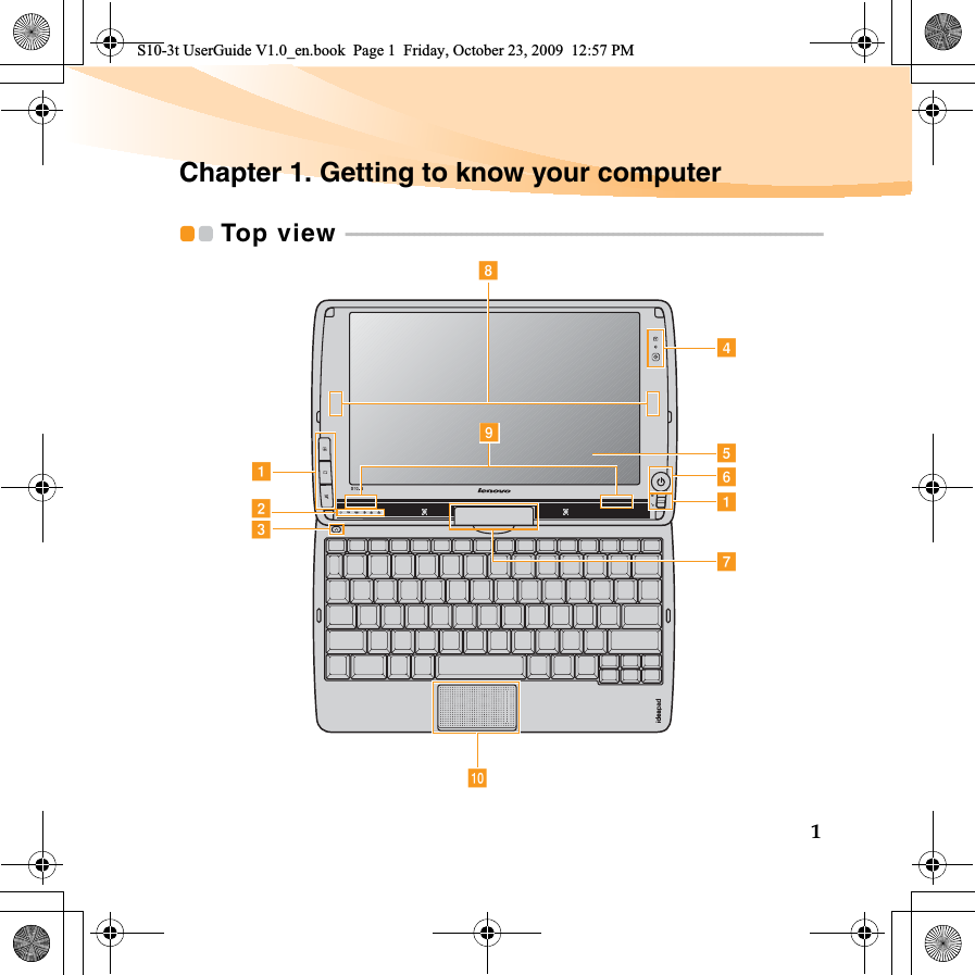 1Chapter 1. Getting to know your computerTop view  - - - - - - - - - - - - - - - - - - - - - - - - - - - - - - - - - - - - - - - - - - - - - - - - - - - - - - - - - - - - - - - - - - - - - - - - - - - - - - - - - - - - - - - - - - -hdiefagjacbS10-3t UserGuide V1.0_en.book  Page 1  Friday, October 23, 2009  12:57 PM