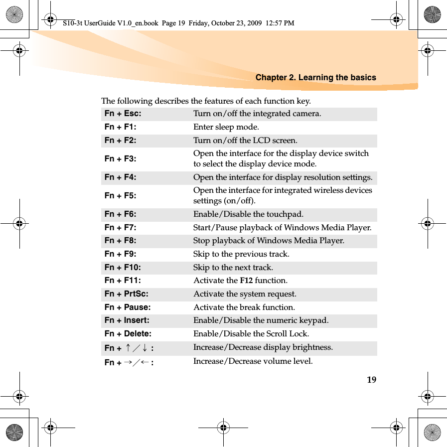 Chapter 2. Learning the basics19The following describes the features of each function key.Fn + Esc:  Turn on/off the integrated camera.Fn + F1: Enter sleep mode.Fn + F2: Turn on/off the LCD screen.Fn + F3: Open the interface for the display device switch to select the display device mode.Fn + F4:Open the interface for display resolution settings.Fn + F5:  Open the interface for integrated wireless devices settings (on/off). Fn + F6: Enable/Disable the touchpad.Fn + F7: Start/Pause playback of Windows Media Player. Fn + F8: Stop playback of Windows Media Player.Fn + F9: Skip to the previous track.Fn + F10: Skip to the next track.Fn + F11: Activate the F12 function.Fn + PrtSc: Activate the system request.Fn + Pause: Activate the break function.Fn + Insert: Enable/Disable the numeric keypad.Fn + Delete: Enable/Disable the Scroll Lock.Fn + ↑／↓ :Increase/Decrease display brightness.Fn + →／← :Increase/Decrease volume level.S10-3t UserGuide V1.0_en.book  Page 19  Friday, October 23, 2009  12:57 PM