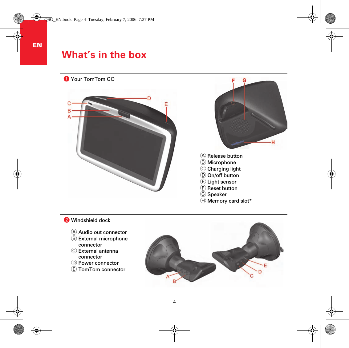 What’s in the box4ENWhat’s in the box aYour TomTom GOARelease buttonBMicrophoneCCharging lightDOn/off buttonELight sensorFReset buttonGSpeakerHMemory card slot*bWindshield dockAAudio out connectorBExternal microphone connectorCExternal antenna connectorDPower connectorETomTom connectorQSG_EN.book  Page 4  Tuesday, February 7, 2006  7:27 PM