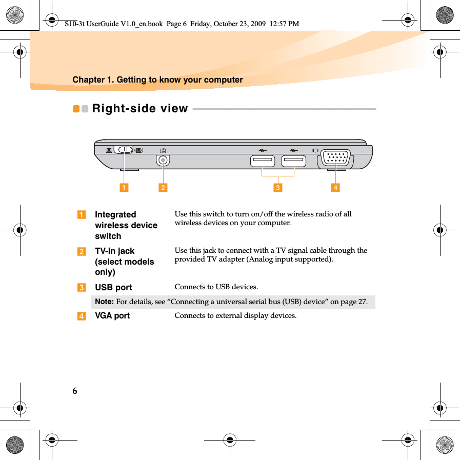 6Chapter 1. Getting to know your computerRight-side view  - - - - - - - - - - - - - - - - - - - - - - - - - - - - - - - - - - - - - - - - - - - - - - - - - - - - - - - - - - - - - - - - - - - - - - - - - - Integrated wireless device switchUse this switch to turn on/off the wireless radio of all wireless devices on your computer.TV-in jack        (select models only)  Use this jack to connect with a TV signal cable through the provided TV adapter (Analog input supported). USB port Connects to USB devices.Note: For details, see “Connecting a universal serial bus (USB) device” on page 27.VGA portConnects to external display devices.a b c dS10-3t UserGuide V1.0_en.book  Page 6  Friday, October 23, 2009  12:57 PM